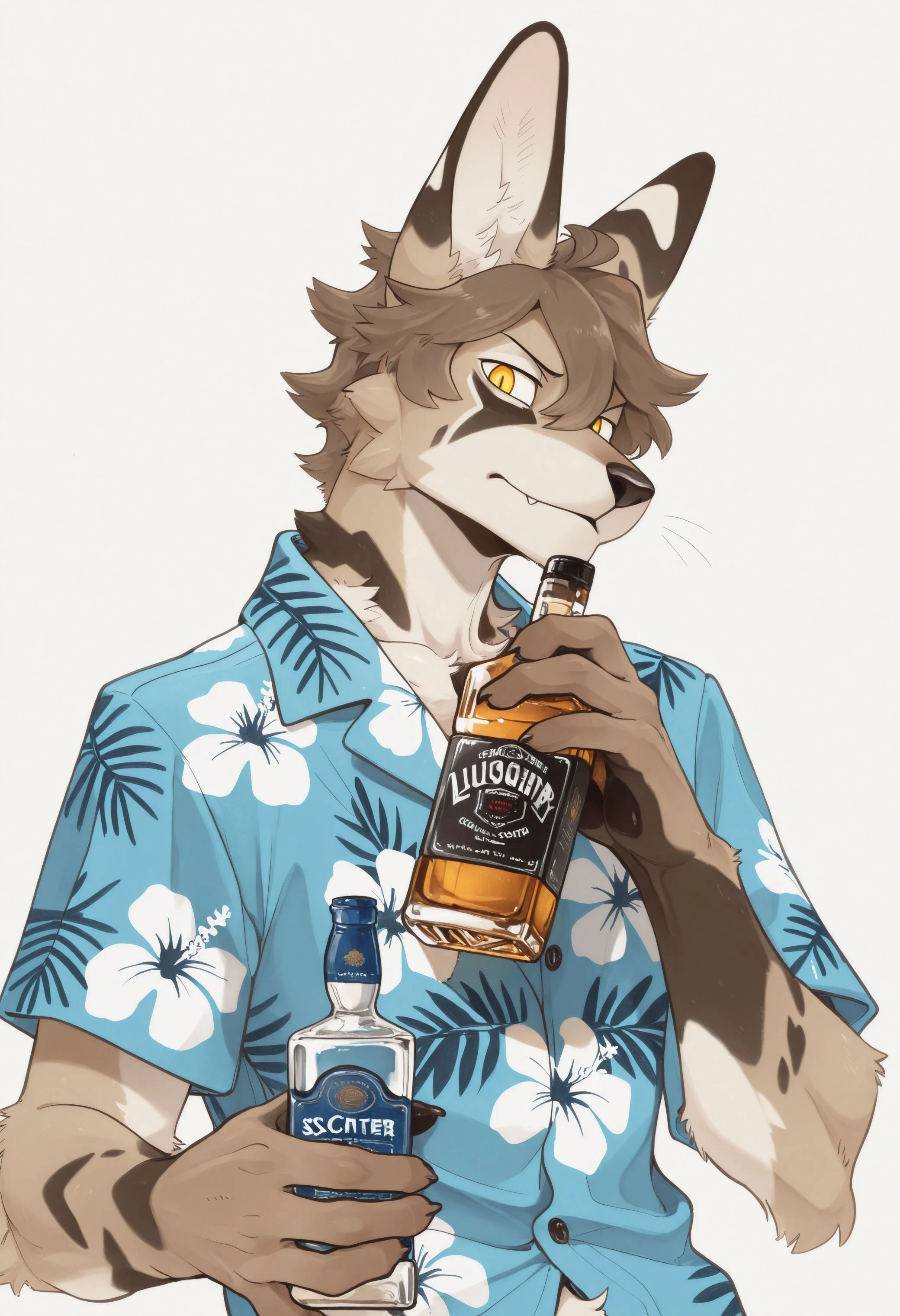 The brown raccoon smiled happily warmly at the camera,Flashing friendly peace signs,Holding a wine bottle in his hand