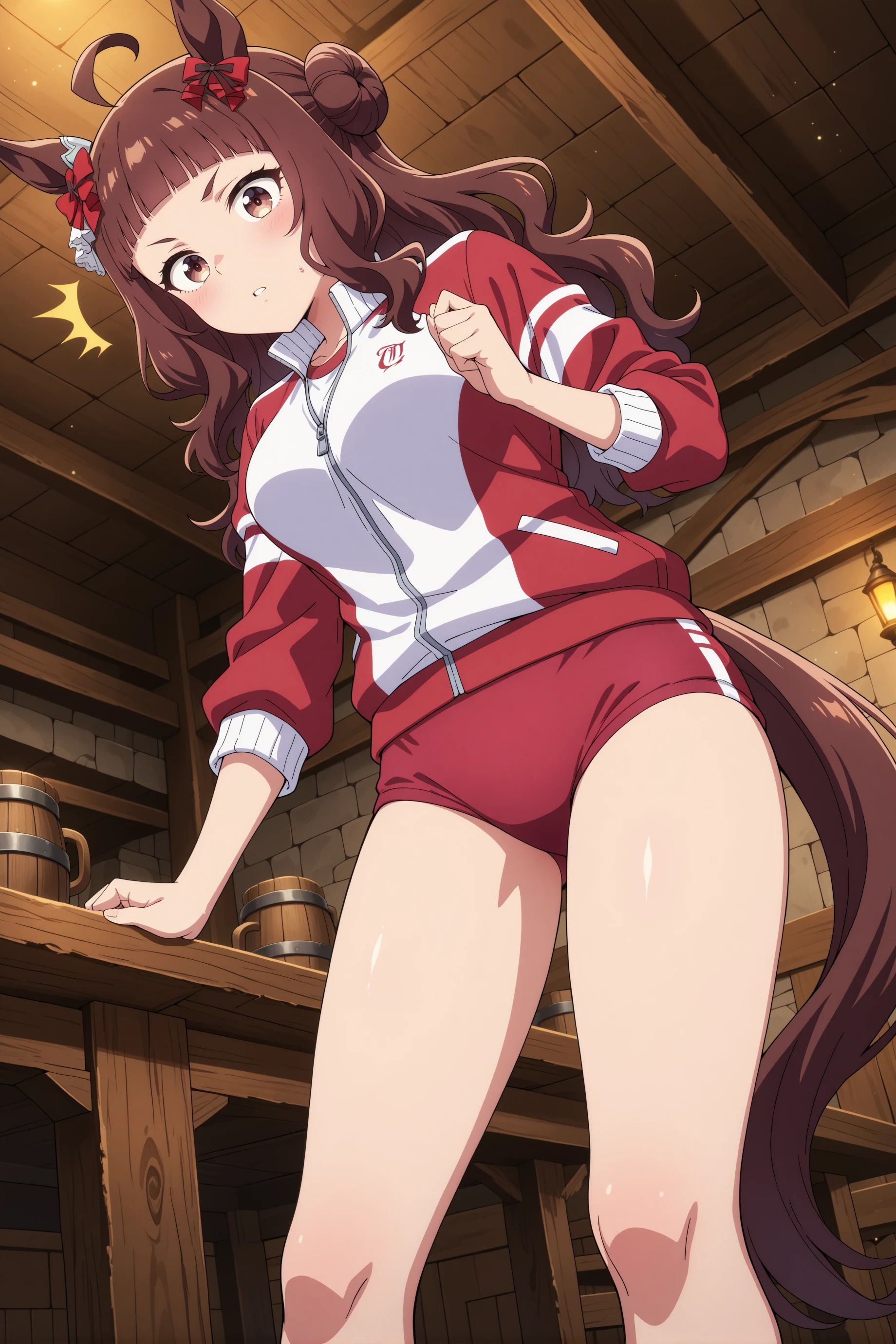 1girl, dynam heroine, umamusume, horse girl, solo,
long hair, ahoge, blunt bangs, brown hair, hair bun, red bow, brown eyes, medium breasts, wavy hair, ear ornament,
<lora:dynamheroine_Illust_v1:0.8>
tracen training uniform, red buruma,
from below, feet out of frame, looking at viewer, surprised, parted lips,in tavern,
(masterpiece, best quality, newest, highres), (anime coloring:1.5), (anime screenshot:1.5)