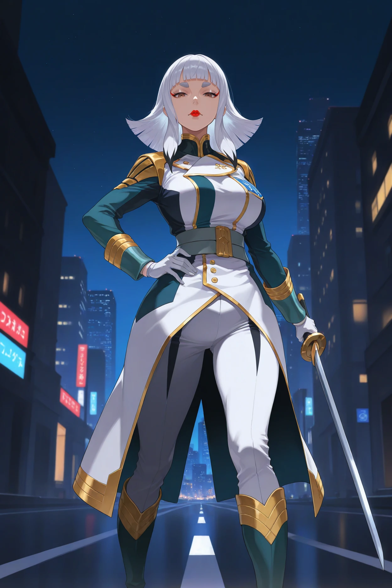 masterpiece, best quality, 1girl, solo, <lora:cartaissue-illu-nvwls-v1-000007:1> carta, medium hair, multicolored hair, white hair, blunt bangs, sidelocks, thick eyebrows, brown eyes, red lipstick, eyeshadow, large breasts, multicolored coat, green sleeves, gold trim, double-breasted, grey belt, white gloves, white pants, striped pants, boots, full body, standing, hand on hip, holding sword, cityscape, wide shot, road, night sky, looking at viewer