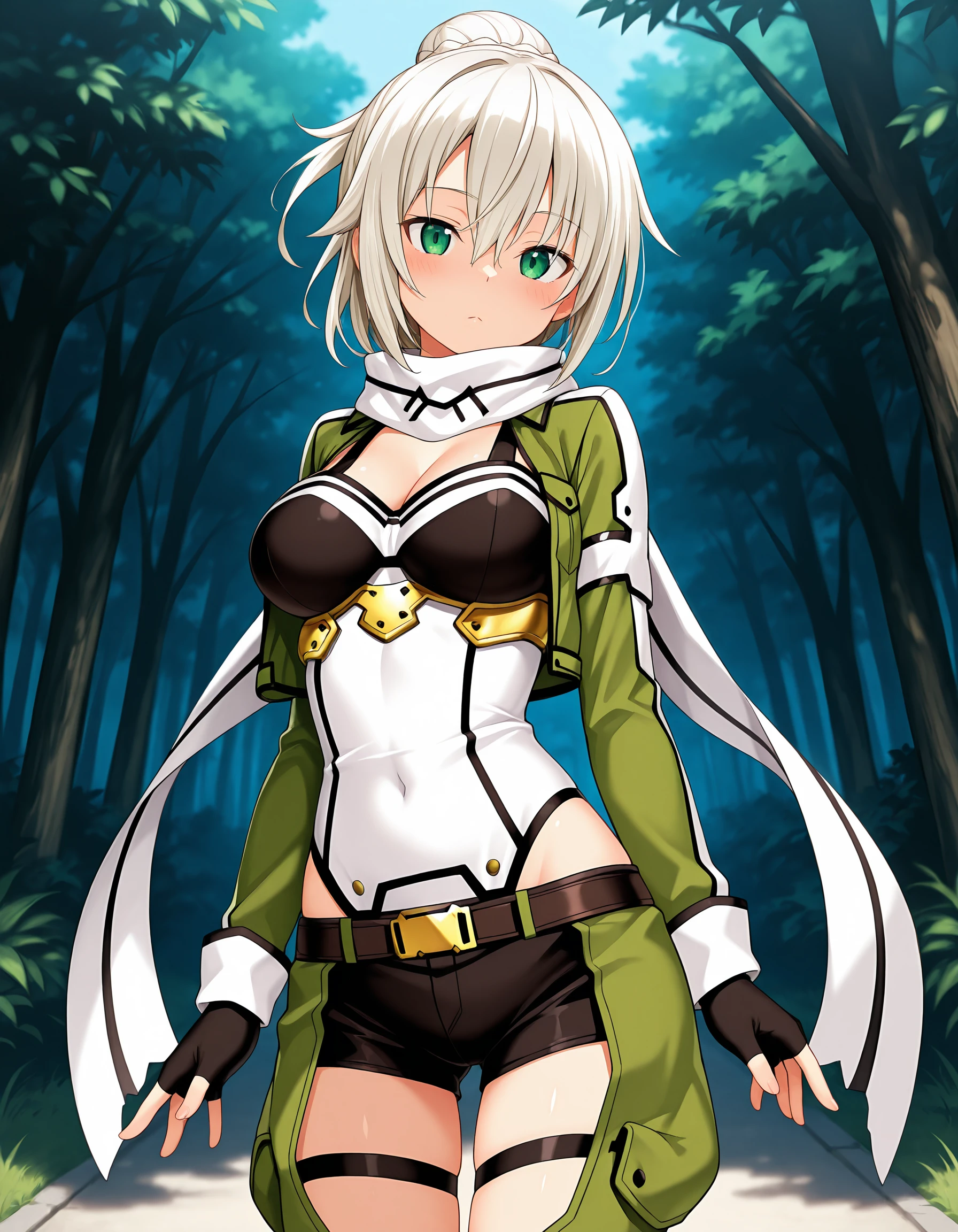 masterpiece, best quality, amazing quality, ultra detail, best resolution, good anatomy, good hand,
BREAK <lora:GGO-SHINON-clothes:1> GGO-SHINON-clothes,
BREAK 1girl, posing,
BREAK <lora:Yuri_Shachi_Nora_to_Oujo_to_Noraneko_Heart_HARUKAZE-illustrious:0.6> Yuuri Shachi, platinum hair, green eyes, large breasts, short hair, single hair bun