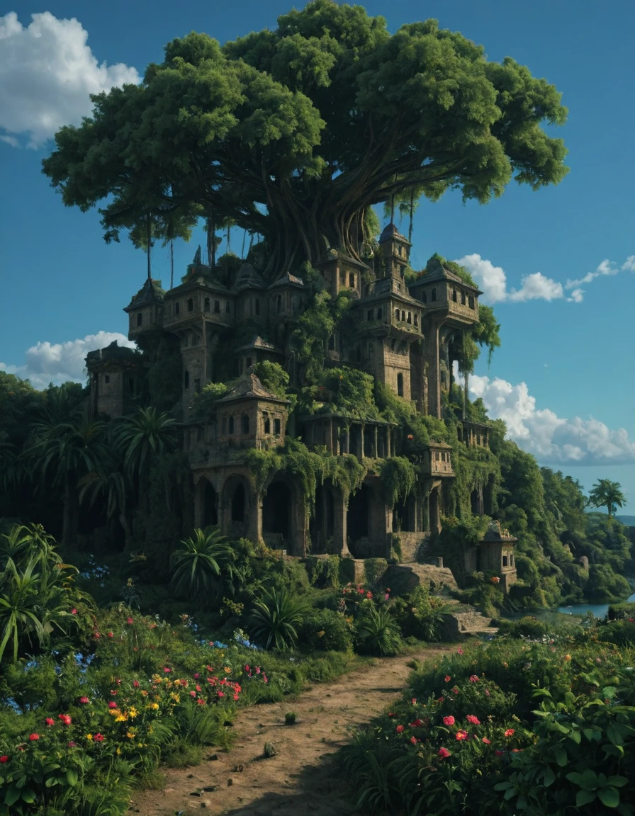 <lora:SWM-TY03ill:1> fortified town, rich detailed sky, blue sky, vegetation, flowers, blue sea, multi levels, summer day,