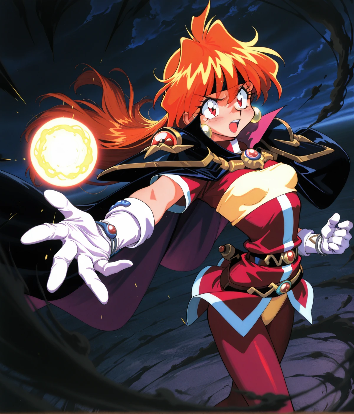 masterwork, masterpiece, highres, very aesthetic, absurdres, 8k, uhd, high detailed face, absolutly gorgeous, high detailed eyes, perfect eyes, dynamic light, dynamic angle, dark atmosphere, <lora:Slayers-Artstyle:1>, Sl4y3rs-Style, 1girl, solo, long hair, open mouth, gloves, white gloves, orange hair, small , cape, armor, headband, shoulder armor, pauldrons, magic, black headband, energy ball, black smoke, cloud, 1990s (style), retro artstyle, lina inverse, five fingers, red lightnings, casting spell, depth of field, masterpiece, best quality, amazing quality, masterwork, cinematic light, harsh shadows, light and shadows, perfect composition