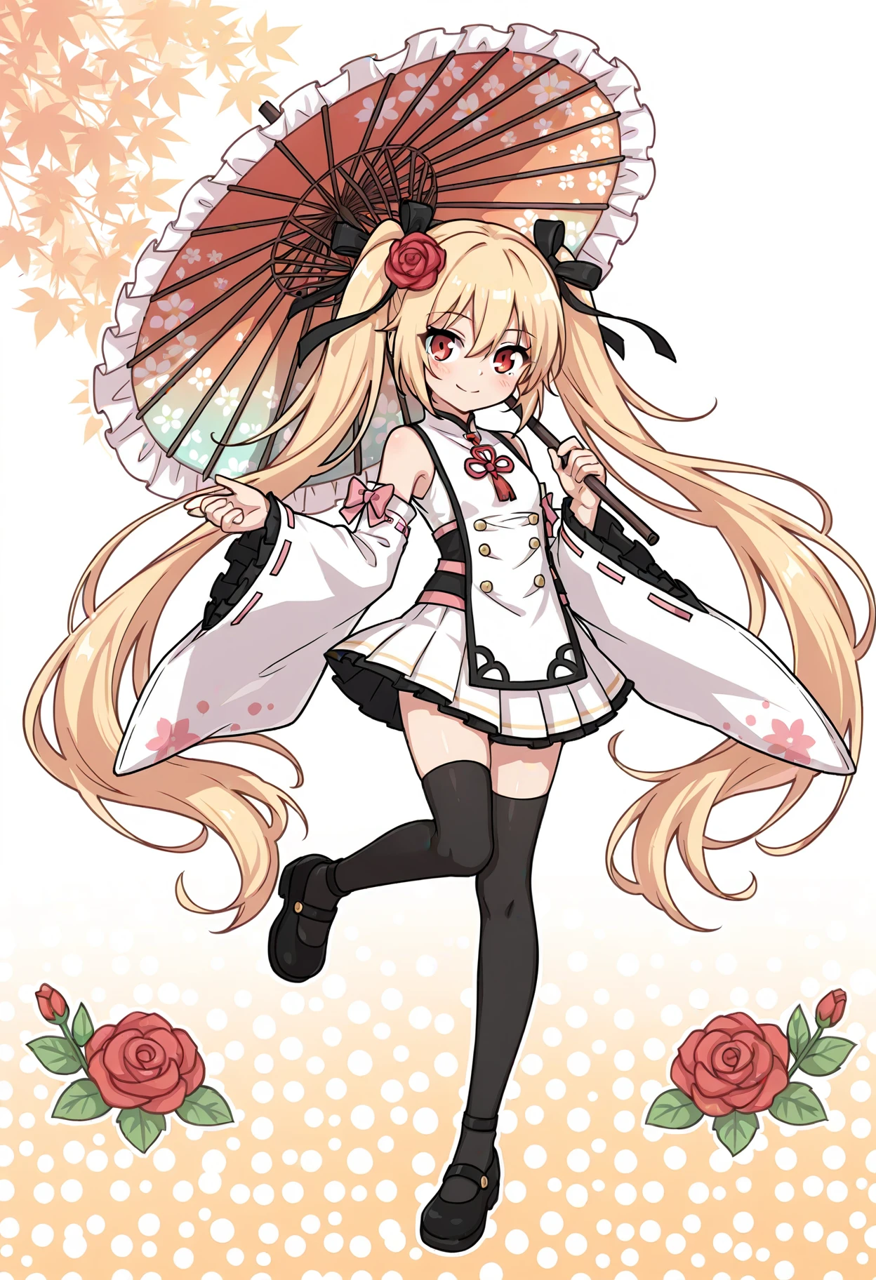 1girl,
flower,frilled sleeves,red eyes,ribbon,smile,pleated skirt,blonde hair,standing on one leg,sleeveless,skirt,black footwear,oil-paper umbrella,very long hair,long hair,red rose,sleeveless shirt,white shirt,blush,hair between eyes,twintails,looking at viewer,frills,standing,hair ribbon,black ribbon,rose,white background,umbrella,solo,full body,bare shoulders,white skirt,shoes,detached sleeves,long sleeves,wide sleeves,red flower,thighhighs,shirt,holding,black thighhighs,holding umbrella,closed mouth,frilled umbrella,
A young girl with long blonde hair and red eyes. she is wearing a white dress with black polka dots and a pink bow on her head. the background is filled with colorful flowers and leaves in shades of pink,orange,yellow,and green. the overall style of the illustration is anime-inspired.,
