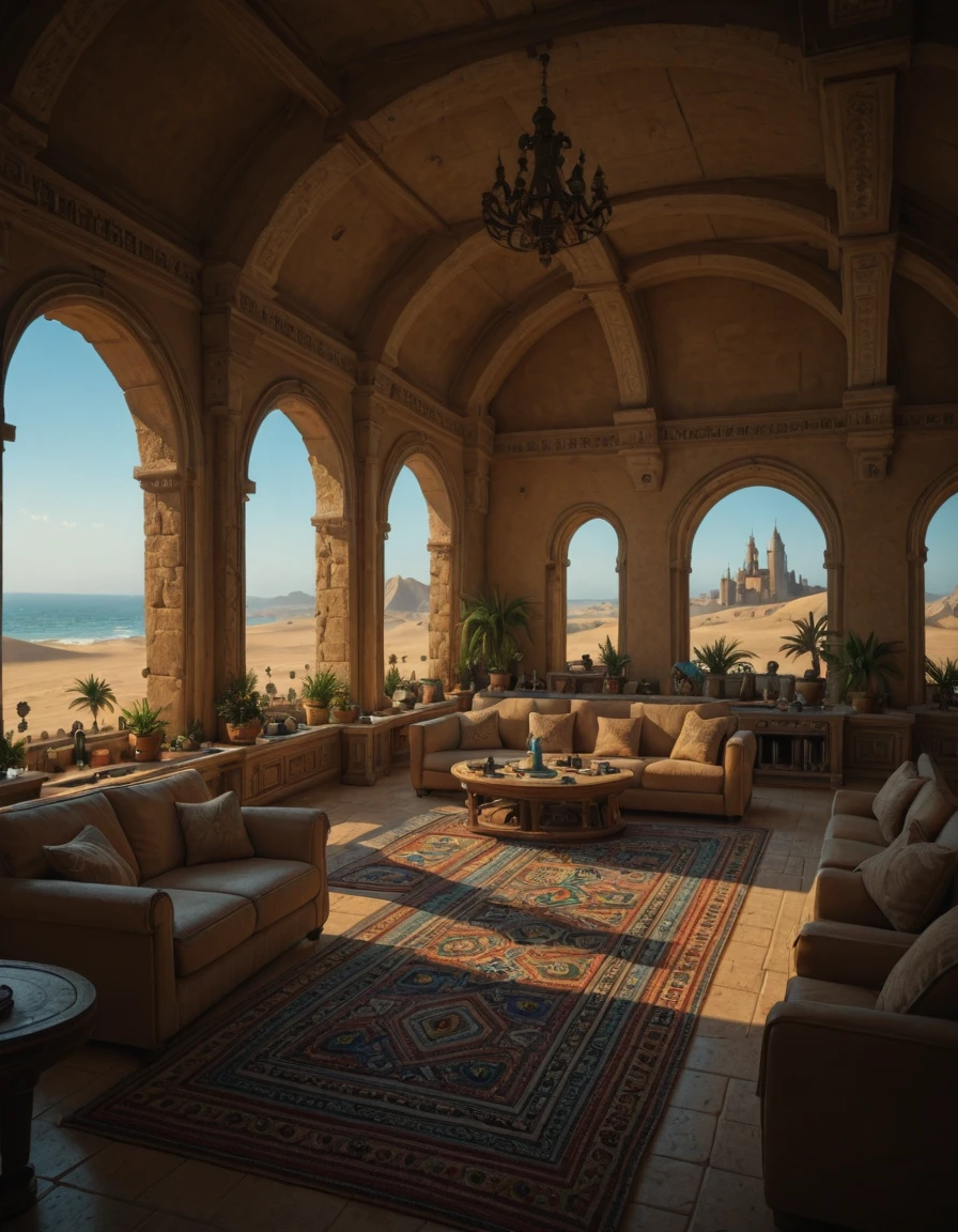 <lora:SWM-TY03ill:1> fortified arab castle, indoors, blue sea, sailboats, scenery, arab town, over-the-shoulder view, vegetation, seaside, desert, sand, living room, fountain, sofa, colorful carpets, windows,