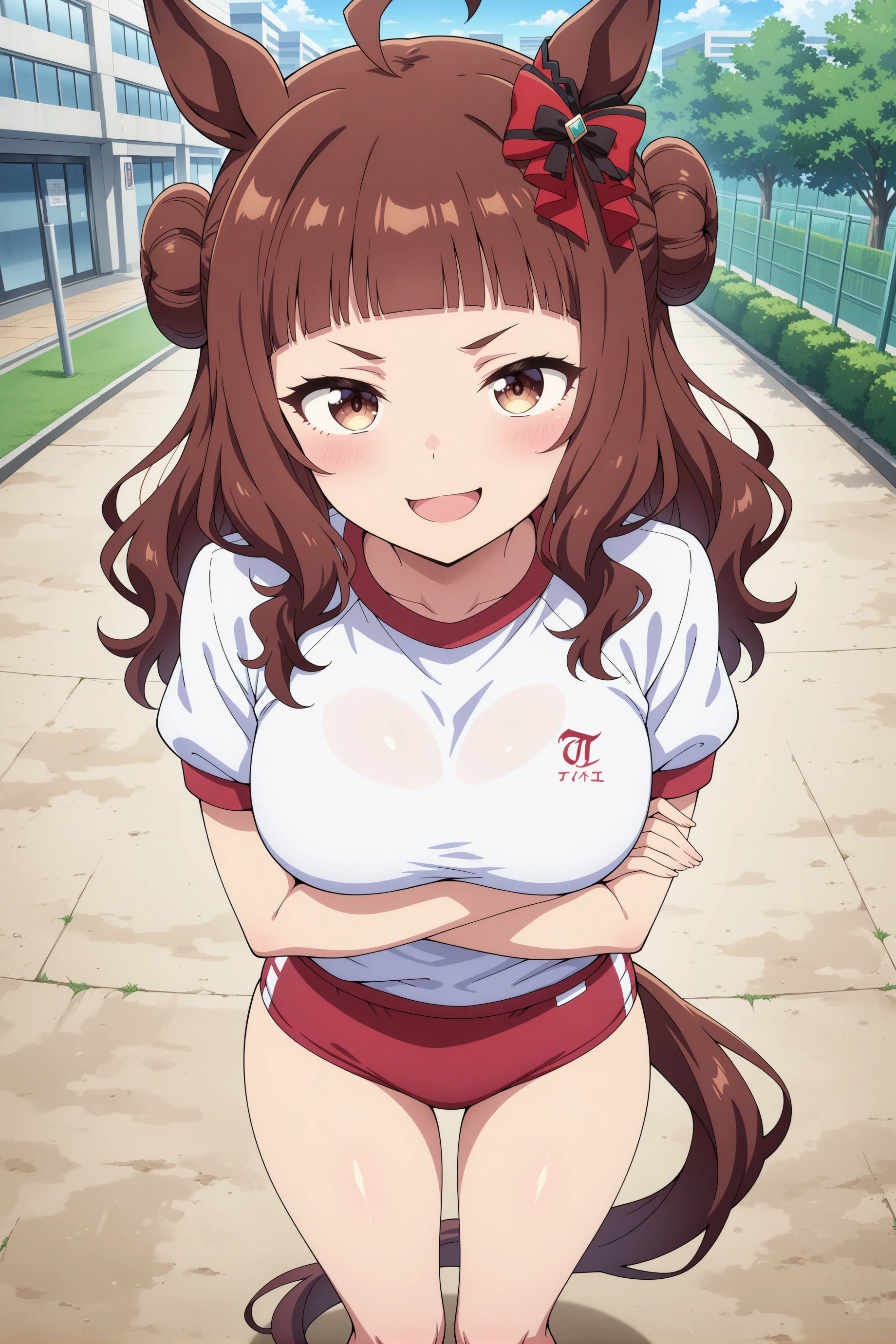 1girl, dynam heroine, umamusume, horse girl, solo,
long hair, ahoge, blunt bangs, brown hair, hair bun, red bow, brown eyes, medium breasts, wavy hair, ear ornament,
<lora:dynamheroine_Illust_v1:0.8>
tracen training uniform, red buruma,
from above, fisheye lens, looking at viewer, smug, open mouth,financial district,
(masterpiece, best quality, newest, highres), (anime coloring:1.5), (anime screenshot:1.5)
