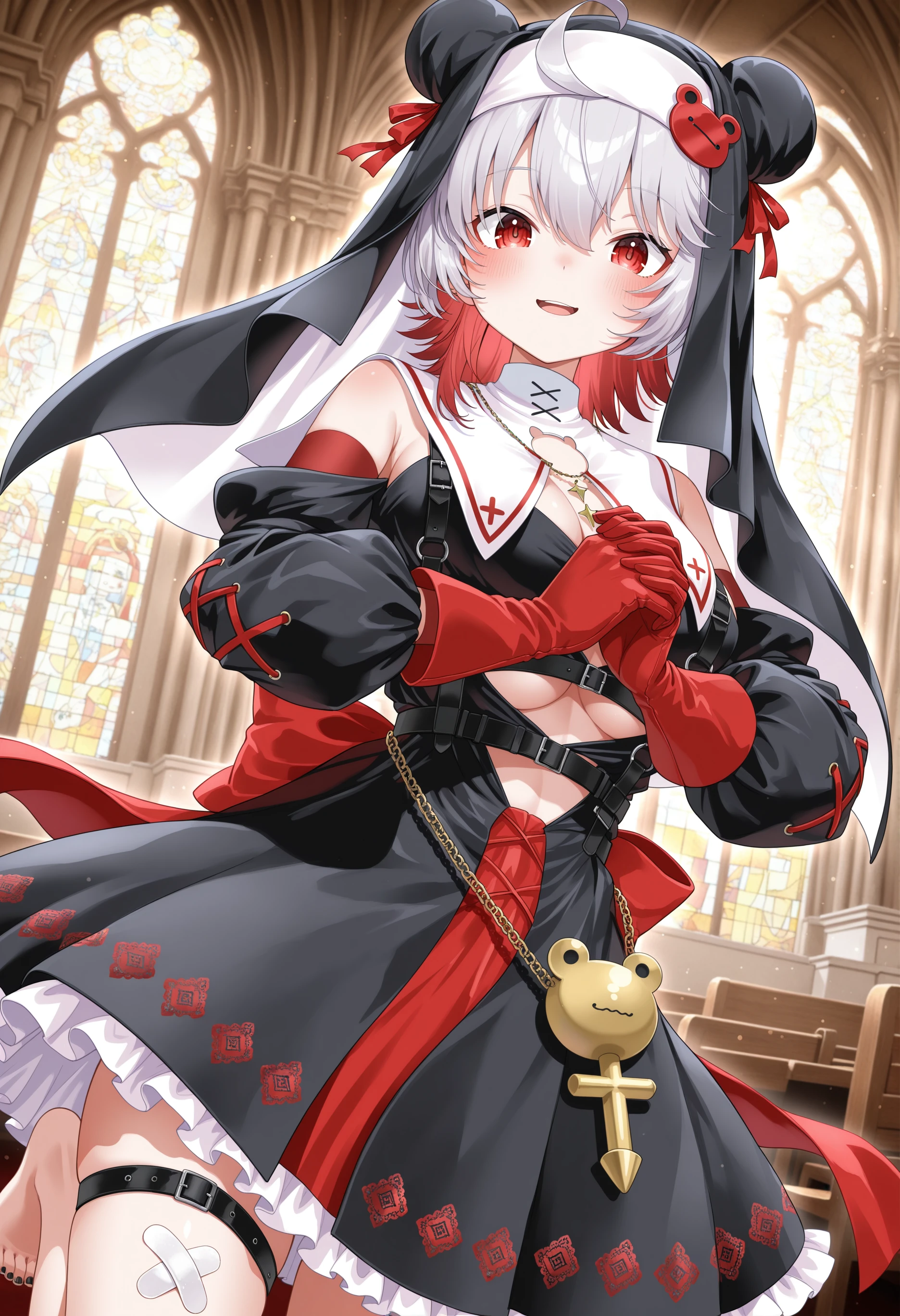 Fox Girl(short white hair,Red eyes),Black lace nun dress,White lace stockings,loli