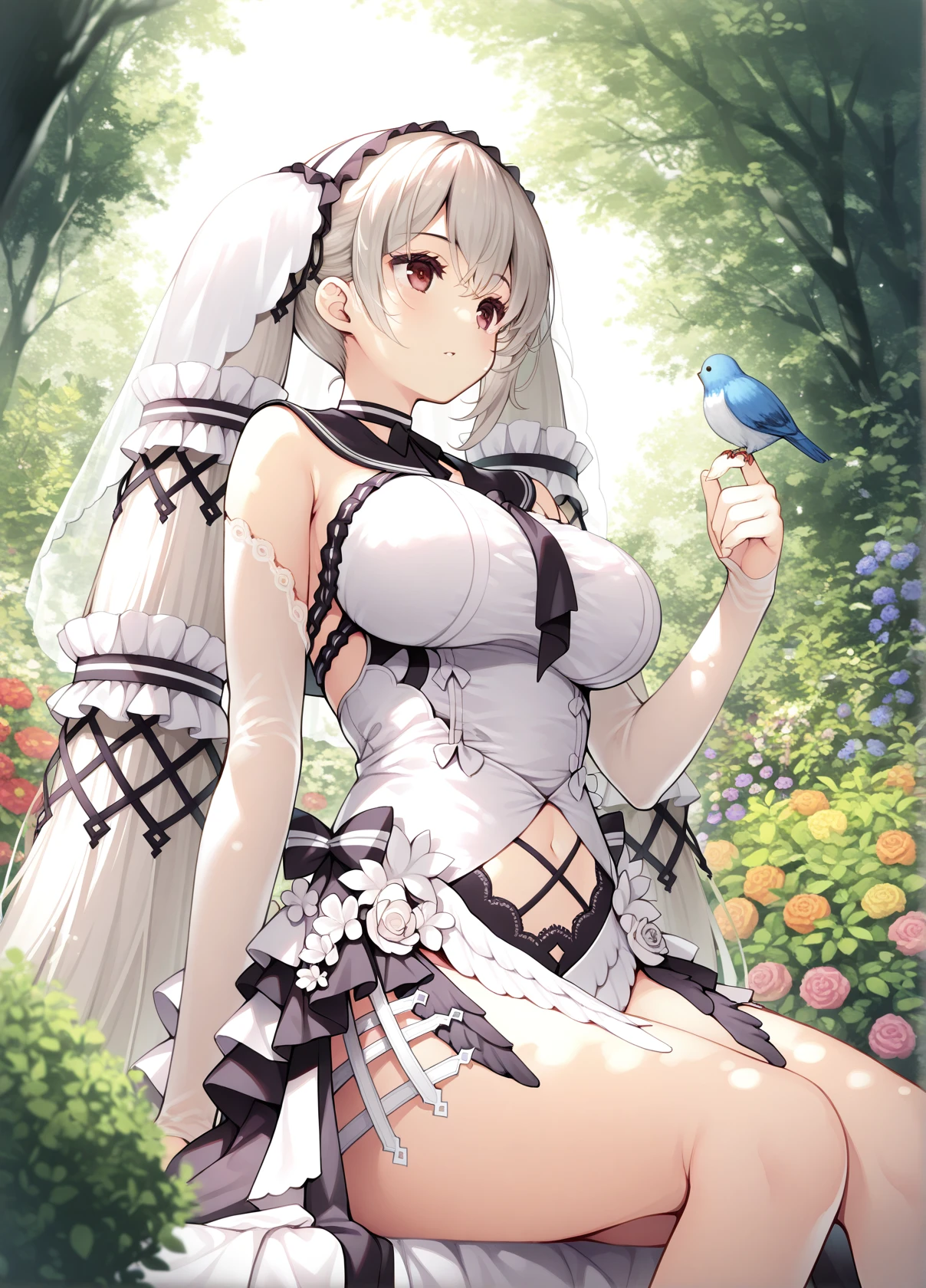 beautiful, masterpiece, Highest quality, anime, One girl, C Cup,Portrait Shot, View your viewers, Covered、Short Hair、nearby、Blue Eyes、art、、White hair,Blue streaked hair、hairpin、Cute smile、Thighs、Cute、blue sky、Beautiful breasts、Full Harness、valley、Sweat、Under Harness、Body Harness、Tightening、Penetration、white_Sci-fi combat uniform、white_Sci-fi underskirt、pierced、See-through_navel、whiteボディストッキング、Lying on your back、grass、Armpit、black_garter belt