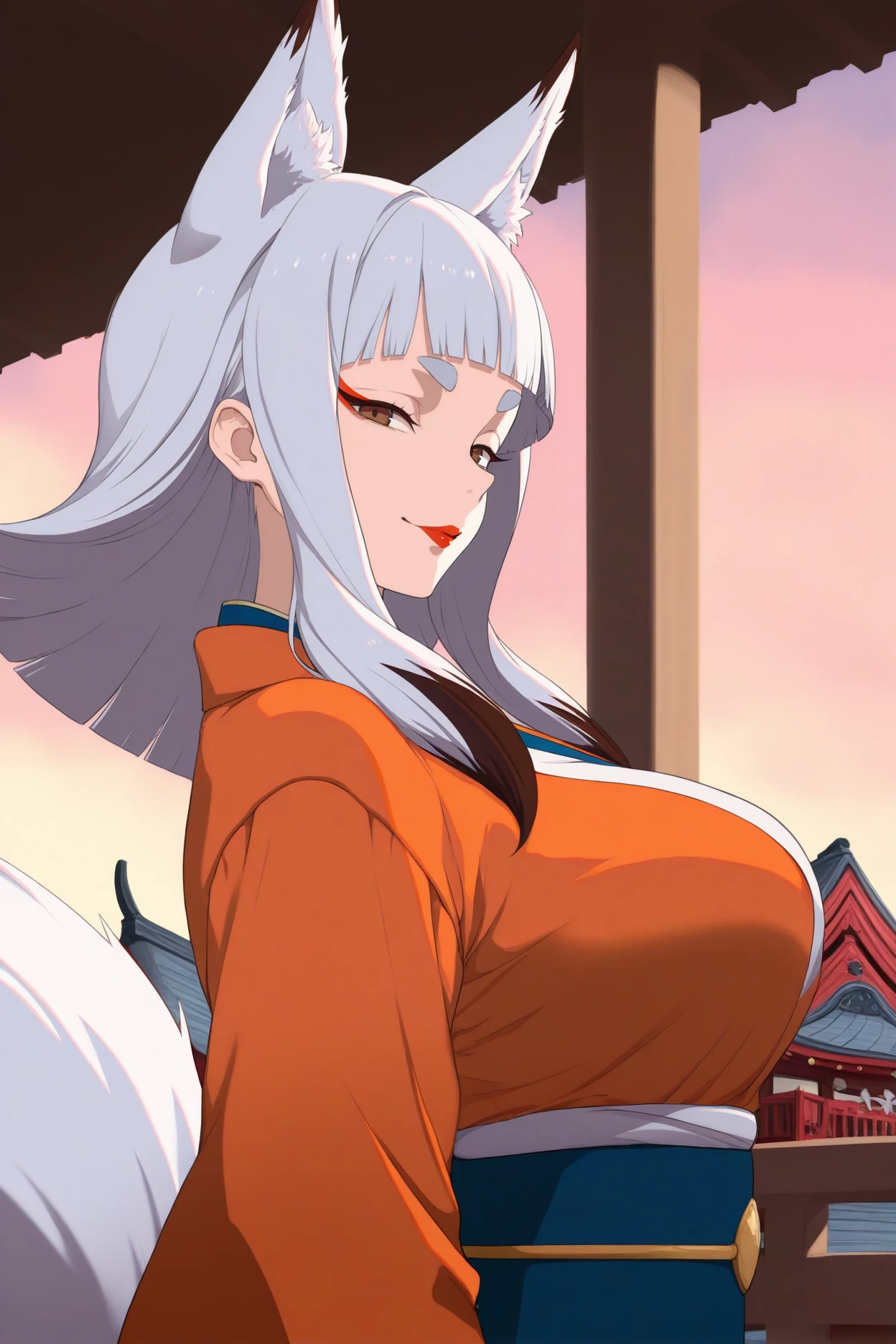 masterpiece, best quality, 1girl, solo, <lora:cartaissue-illu-nvwls-v1-000007:1> carta, medium hair, multicolored hair, white hair, blunt bangs, sidelocks, thick eyebrows, brown eyes, red lipstick, eyeshadow, large breasts, fox ears, orange kimono, sash, looking at viewer, smile, japanese architecture, sky, fox tail, from side
