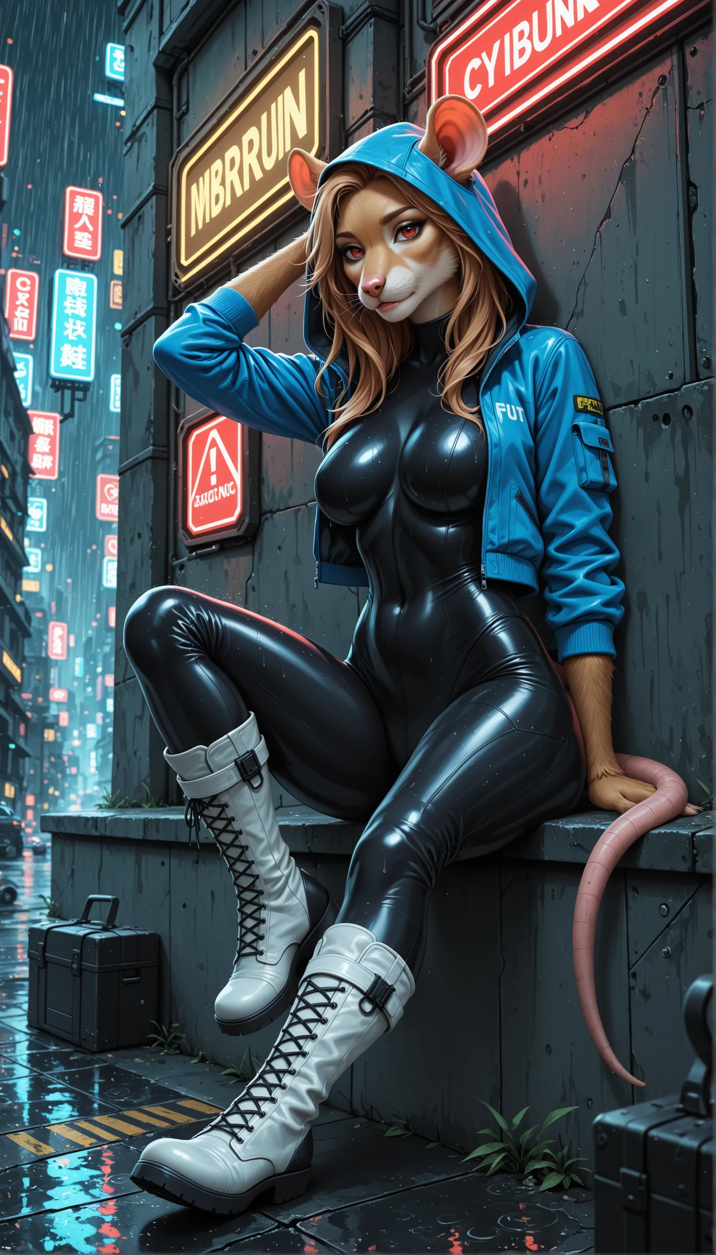 masterpiece, best quality, newest, absurdres, amazing quality, anthro, furry,

1girl, solo,

full body,

(rat:1.0), red eyes, light brown hair, (long hair:1.0), light brown fur, (:0.7),

, blue jacket, hood, white boots, knee boots,

sitting, knee up, looking at viewer,

outdoors, cyberpunk, raining, dark, against wall,

eruca, realistic, depth of field, detailed background,