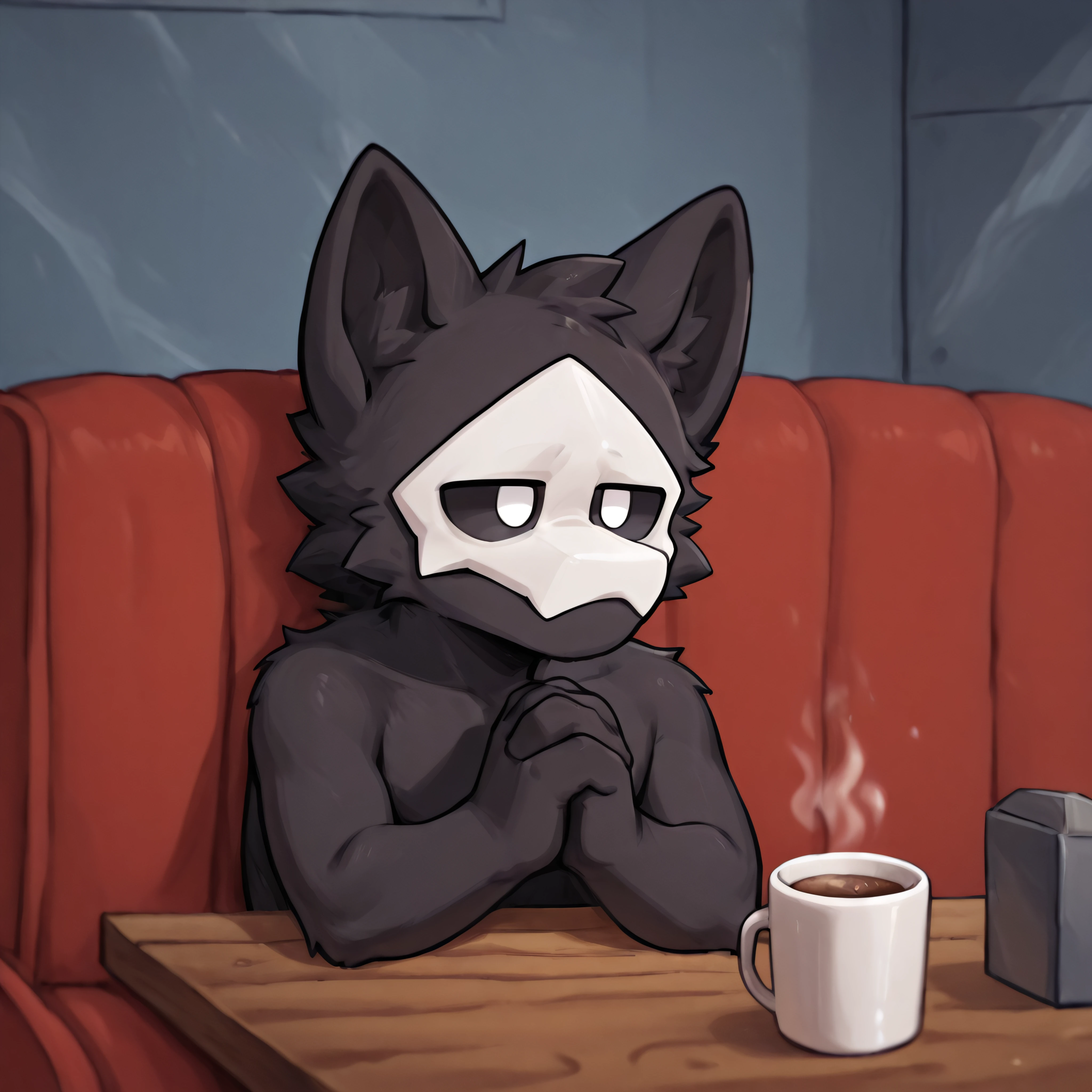 (2024, best quality, masterpiece), <lora:puro-il>, mikus-puro, white mask, black fur, white eyes ## handsome face:1.5, no humans, ## uploaded on e621, (uploaded on e621 ## detailed face, (detailed face), detailed ears, detailed clothing, detailed body, (detailed body), detailed hair, detailed background ## <lora:SpongeBob_In_diner_Illustrious:1> sergey004-concept, sitting alone in an empty diner, looking ahead with a thoughtful and sad expression on his face, hands folded on the table in front of a cup of hot drink, red sofas are visible in the background, sitting, sitting on a red sofa, indoors, , , , , ,