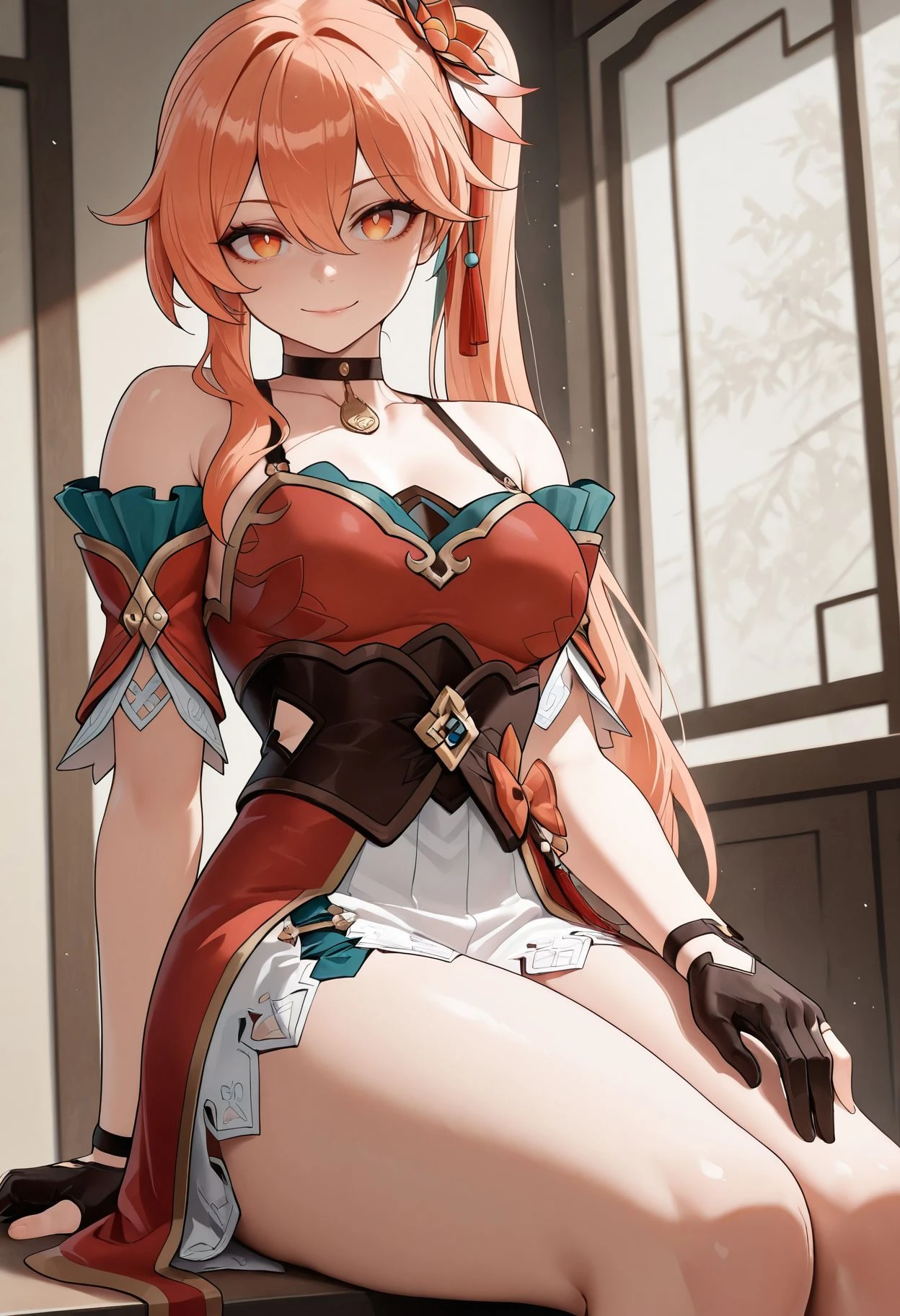 masterpiece,best quality,amazing quality, absurdres, <lora:guinaifen_HSR_ilxl_goofy:1> guinaifen, 1girl, smile, black gloves, medium breasts, looking at viewer, bare shoulders, red dress, thighs, choker, partially fingerless gloves, hair between eyes, closed mouth, short sleeves