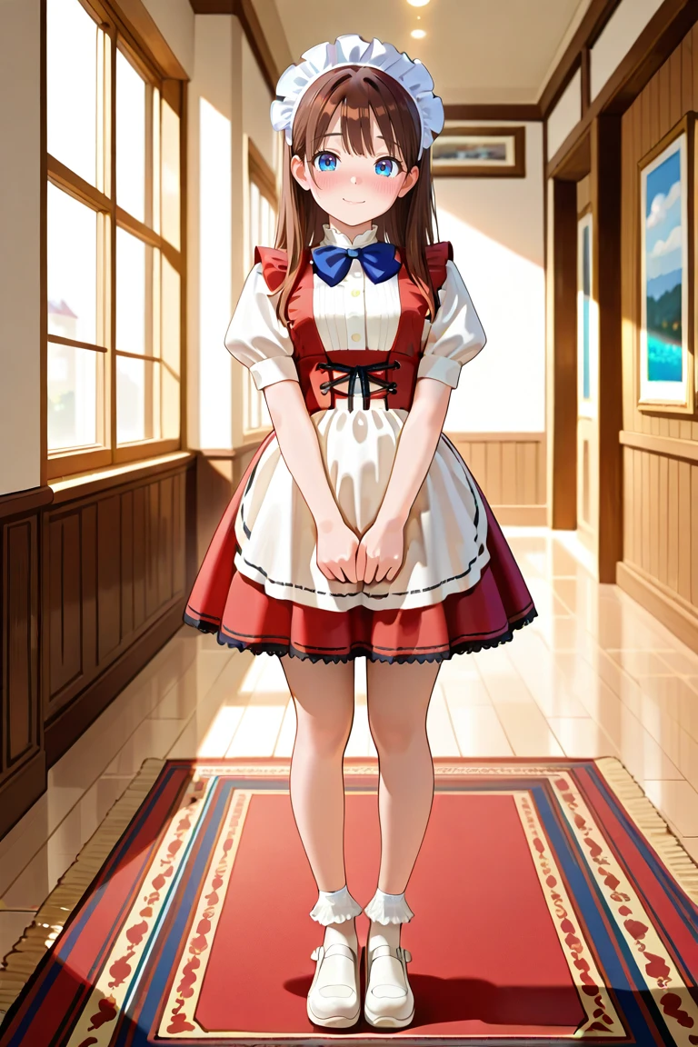 1girl,<lora:ClassicMaidV1.0_illustrious:1>,1girl,classicmaid_cos,white shirt,red dress,short dress, maid headdress ,puffy short sleeves,maid ,blue bowtie,apron,frilled socks ,white socks, white footwear,
standing, indoors, hallway, western style building, large window, sunlight, antique carpet, framed painting, wooden wall panels, soft lighting, elegant atmosphere, full body, slight blush, shy smile, upper body facing front, hands clasped in front, knees slightly inward, soft shadow, reflective floor,, masterpiece, best quality, amazing quality, newest