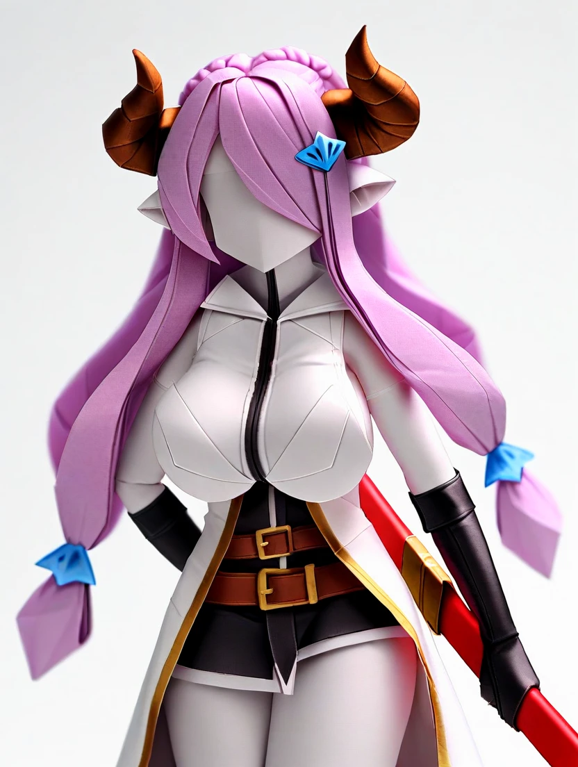 <lora:OrigamiArt1llust:0.8>,
OrigamiArt,ColorfulOrigami,Origami,
NoFacialFeatures,no eyes,no mouth,
simple_background, 1girl, narmaya (granblue fantasy), solo, draph, horns, weapon, long hair, pointy ears, gloves, sword, elbow gloves, katana, braid, light purple hair, hair ornament, black gloves, fingerless gloves, , white background, , hair over one eye, , sleeveless, simple background, belt, holding, hair over eyes, purple hair, holding weapon, demon horns,  shoulders