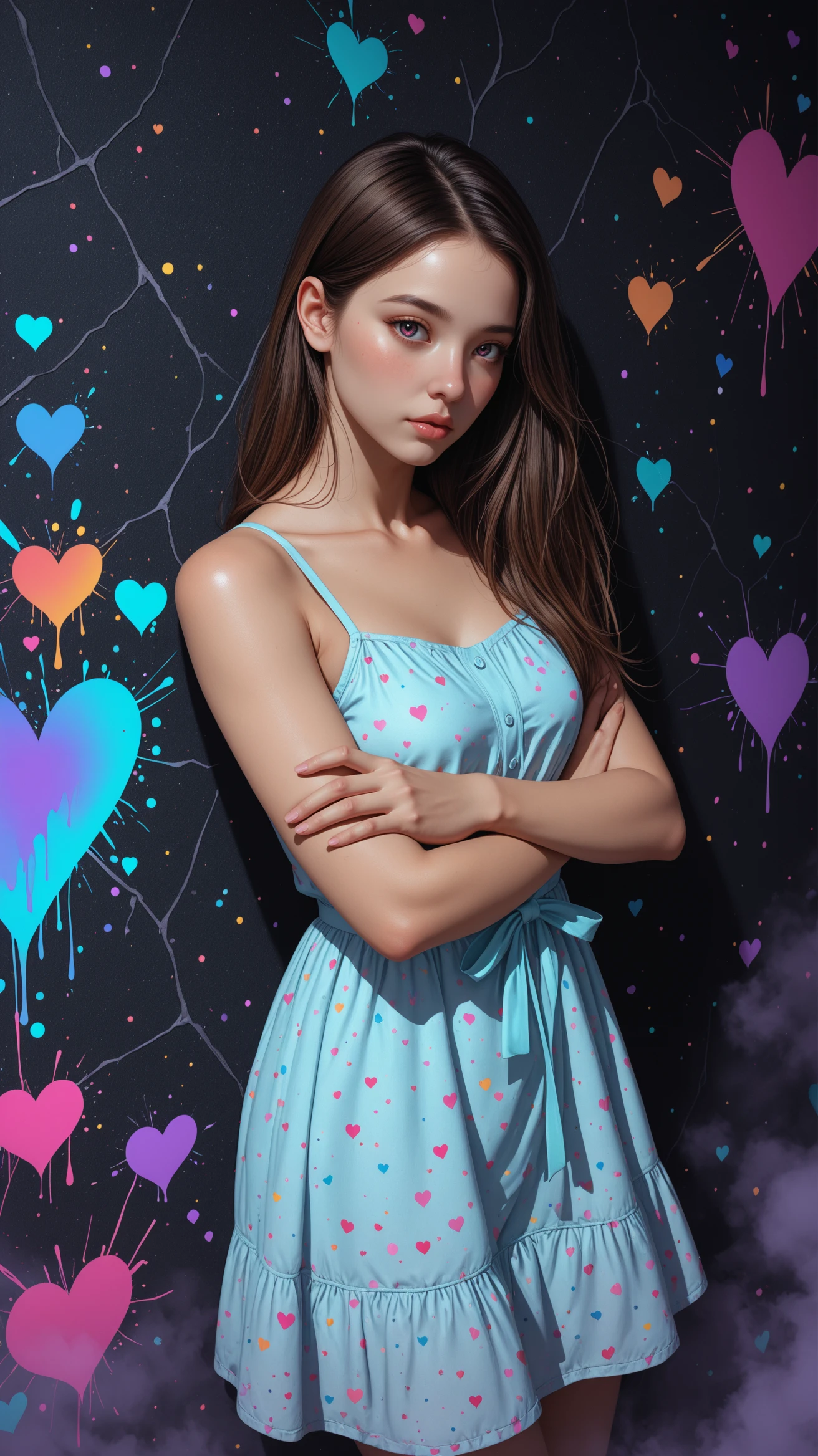 1girl, woman, e-girl,
absurdres,
looking over shoulder,crossed arms while leaning on wall,
close-up angle,
neon, complementary colors, dark_background, simple background, blue_mist, fog, fog, front particles,
sundress, polkadot, thighribbon, romantic, casual, modern, vibrant splashes, color splatter, heart pattern background