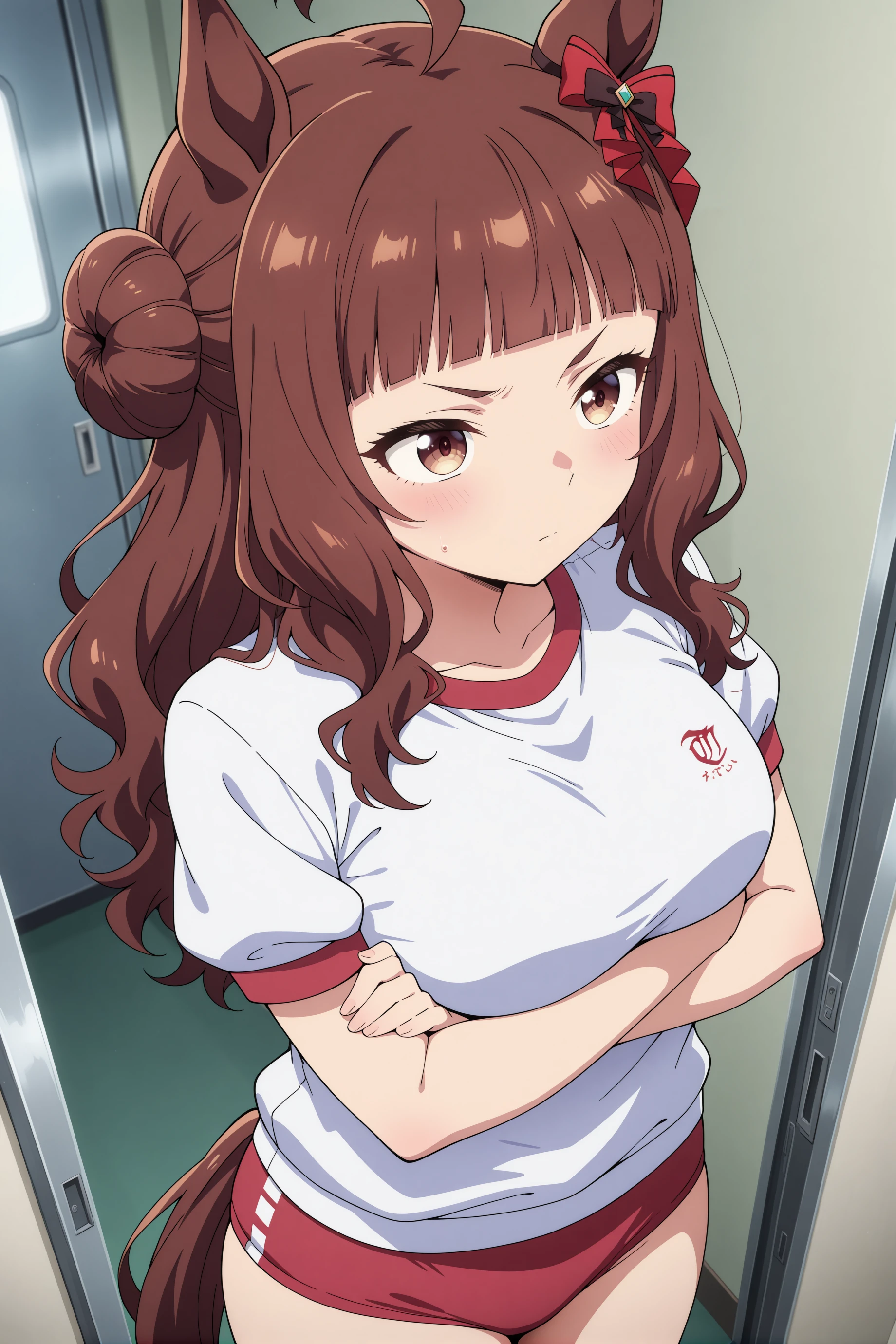1girl, dynam heroine, umamusume, horse girl, solo,
long hair, ahoge, blunt bangs, brown hair, hair bun, red bow, brown eyes, medium breasts, wavy hair, ear ornament,
<lora:dynamheroine_Illust_v1:0.8>
tracen training uniform, red buruma,
from above, fisheye lens, looking ahead, sulking, closed mouth,corridor,
(masterpiece, best quality, newest, highres), (anime coloring:1.5), (anime screenshot:1.5)