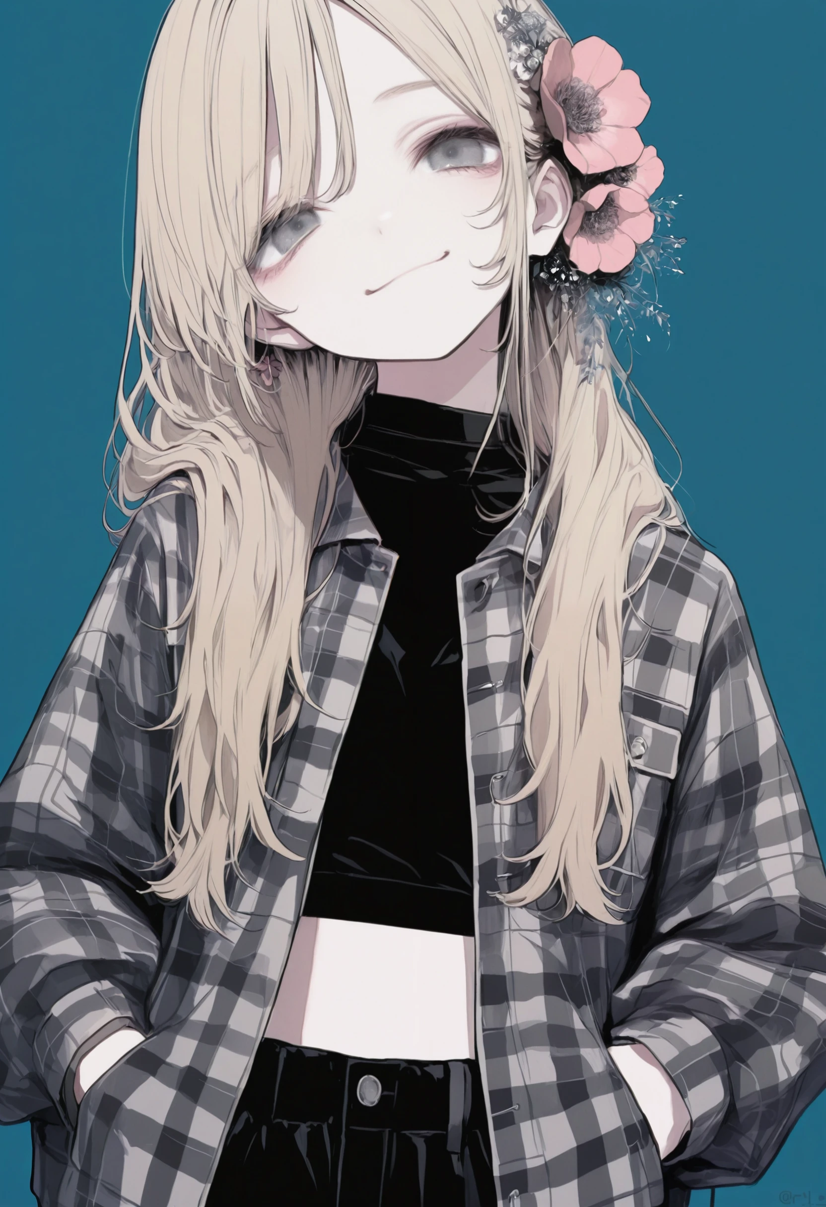 <lora:bmEybWVndV9f-illustriousXL_v01_V5-CAME-000035>, 1girl, solo, hands in pockets, flower, long hair, blue background, hair ornament, blonde hair, hair flower, plaid, pink flower, plaid jacket, shirt, looking at viewer, black pants, simple background, black shirt, pants, jacket, crop top, midriff, smile, grey eyes, head tilt, long sleeves, upper body, twitter username