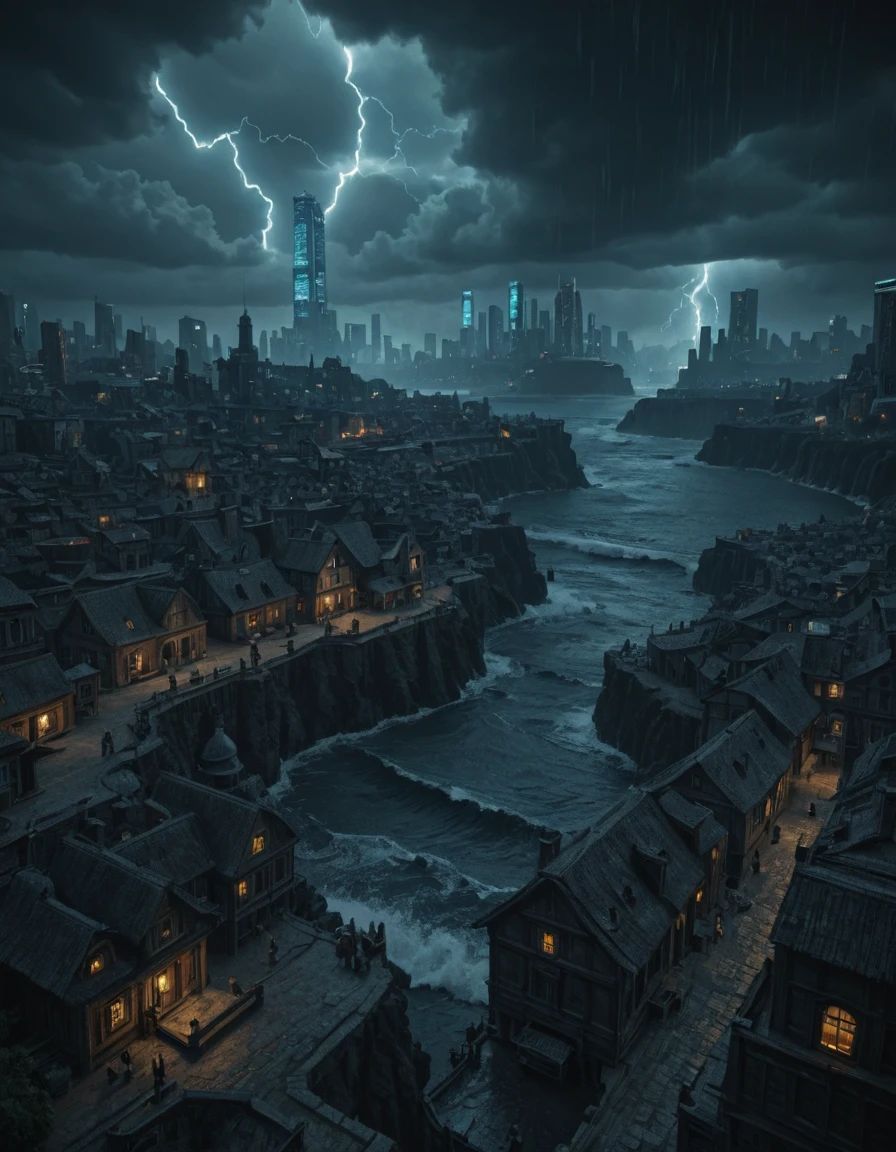 <lora:SWM-TY03ill:1> medieval town, beautiful giant waves, lots of wind, waterfalls, cyberpunk city, lightnings, storm, aerial view, waves, rough sea,