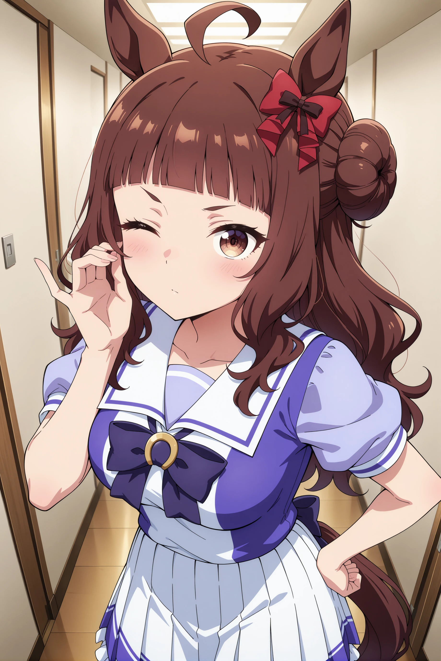 1girl, dynam heroine, umamusume, horse girl, solo,
long hair, ahoge, blunt bangs, brown hair, hair bun, red bow, brown eyes, medium breasts, wavy hair, ear ornament,
<lora:dynamheroine_Illust_v1:0.8>
tracen school uniform, summer uniform,
dutch angle, fisheye lens, looking at viewer, one eye closed, closed mouth,corridor,
(masterpiece, best quality, newest, highres), (anime coloring:1.5), (anime screenshot:1.5)
