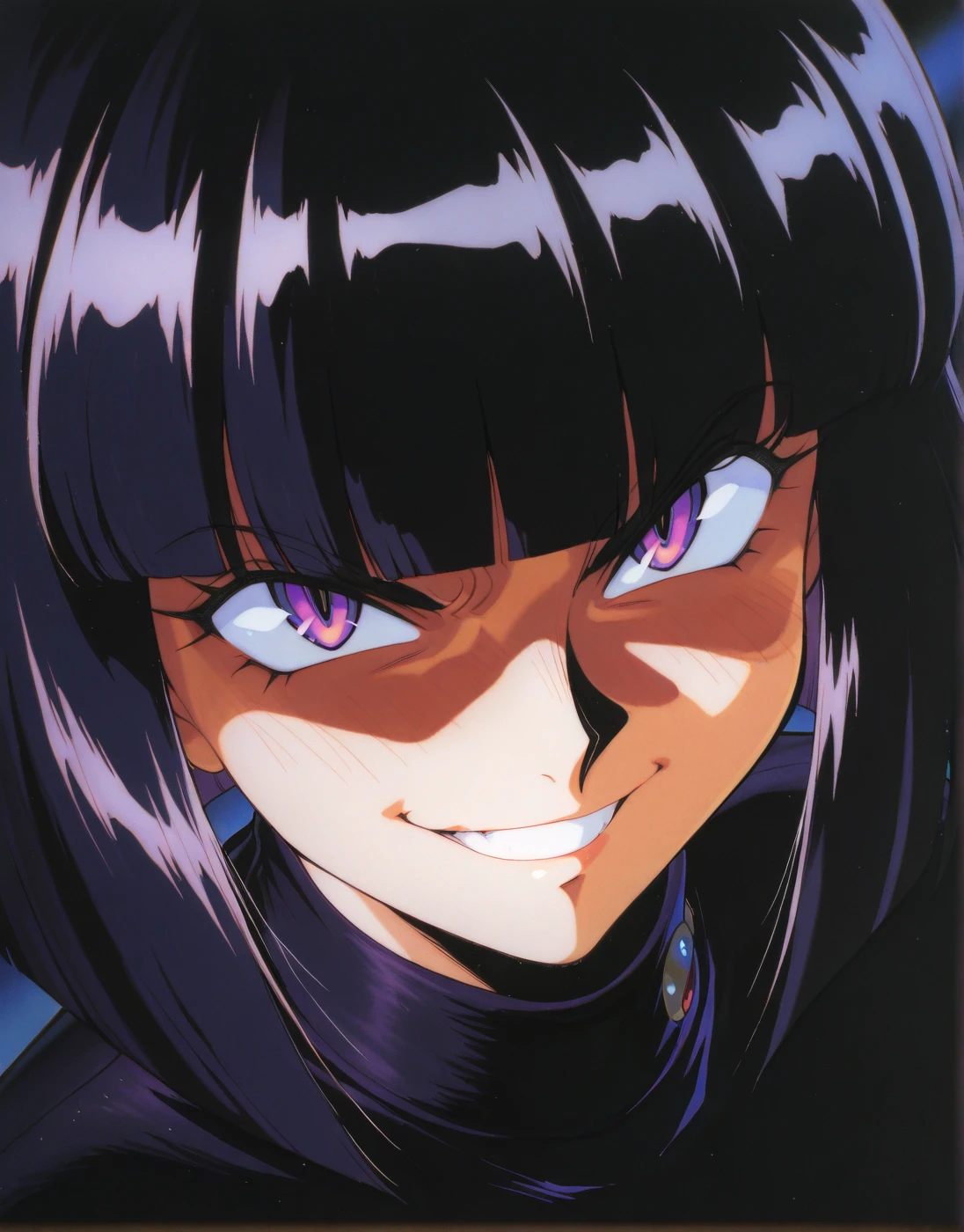 masterwork, masterpiece, highres, absurdres, 8k, uhd, high detailed face, absolutly gorgeous, very aesthetic, high detailed eyes, perfect eyes, dynamic light, dynamic angle, depth of field, <lora:Slayers-Artstyle:1>, sl4y3rs-style, 1boy, solo, short hair, looking at viewer, smile, black hair, purple eyes, blunt bangs, bob cut, grin, portrait, shaded face, close-up, evil smile, traditional media, 1990s (styles), retro artstyle, evil grin, xellos, masterpiece, best quality, amazing quality, masterwork, cinematic light, harsh shadows, light and shadows, perfect composition