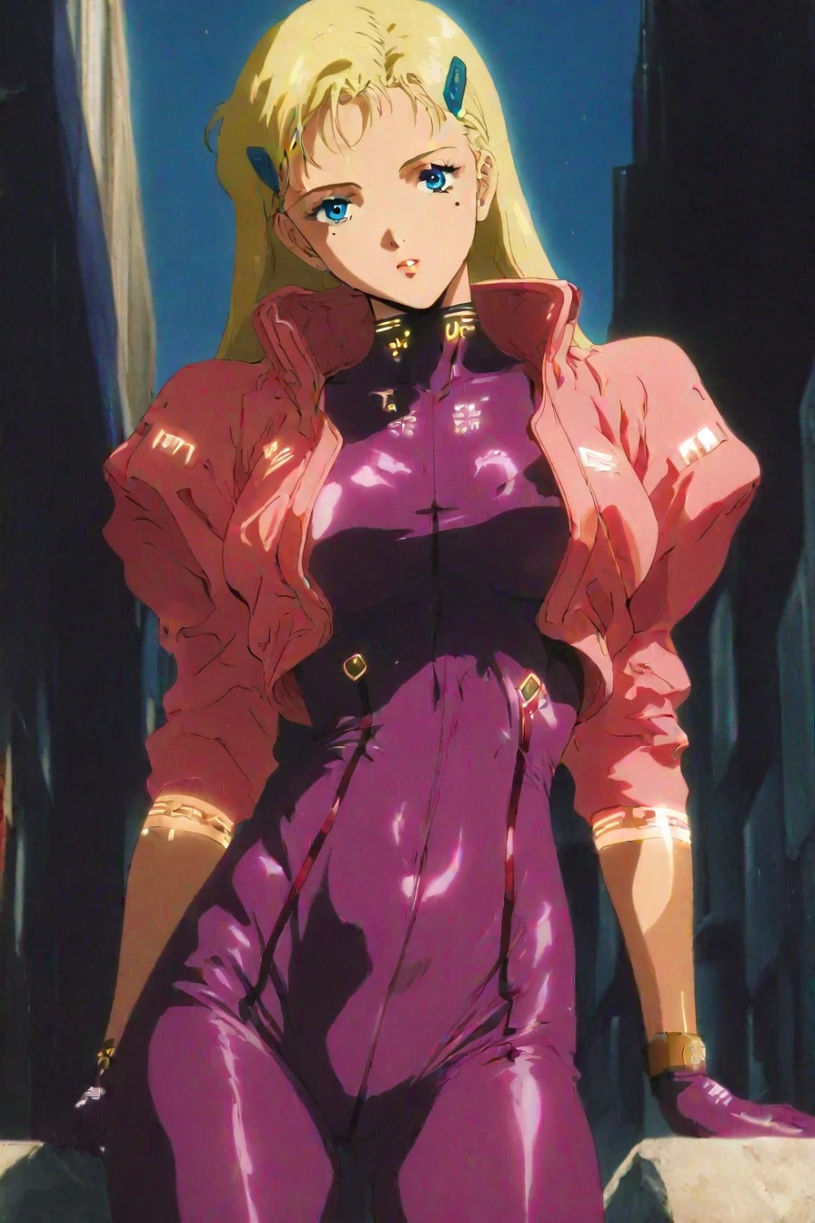 fuurinji miu, blonde hair, long hair, blue eyes, mole under right eyes, slim waist, large , pink jacket, purple , hairclip, 1girl, solo, alone, retro_neo_cyberpunk, masterpiece, highres