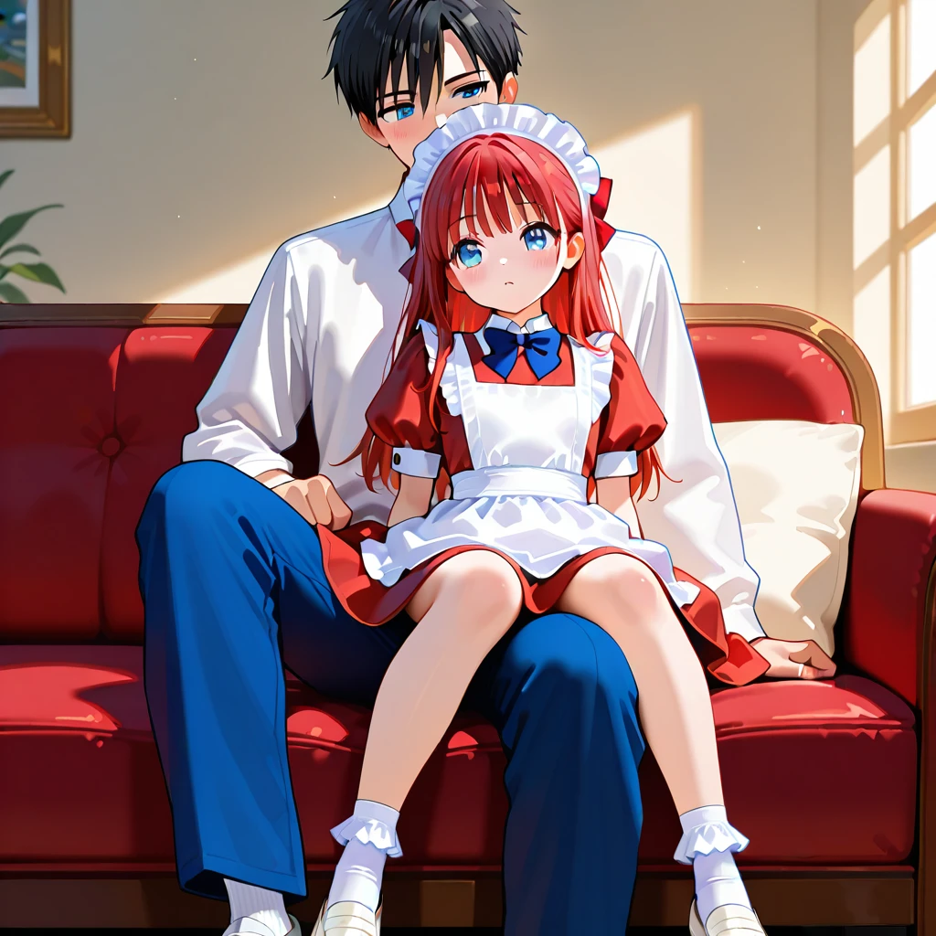 An environment with rustic furniture and a rustic country farm look,sitting, on lap, masterpiece, best quality, amazing quality, newest, <lora:ClassicMaidV1.0_illustrious:0.9>,1girl,classicmaid_cos,white shirt,short dress,red dress, maid headdress ,puffy short sleeves,maid ,blue bowtie,apron,frilled socks ,white socks, white footwear,, <lora:Aya_Drevis(Mad_Father):1>,aya_def,black hair,red hair bow,long hair,blue eyes,