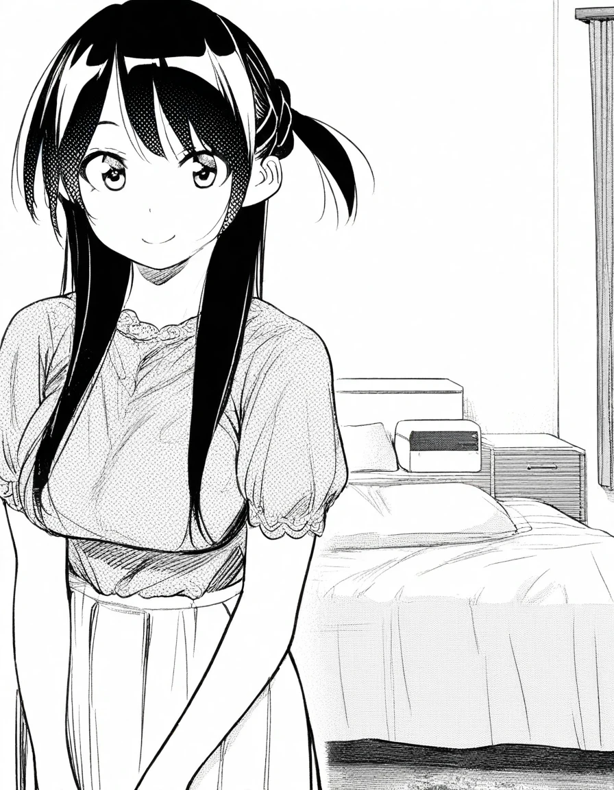 masterpiece, best quality, amazing quality,, <lora:chizuru-ichinose-manga-illustriousxl-lora-nochekaiser:1>, chizuru ichinose, mizuhara chizuru, long hair, bangs, one side up, greyscale, monochrome, mature female, breasts,, skirt, shirt, short sleeves, puffy sleeves, puffy short sleeves, white skirt,, smile, bedroom, bed, pillows, nightstand, window, cowboy shot, solo, looking at viewer,