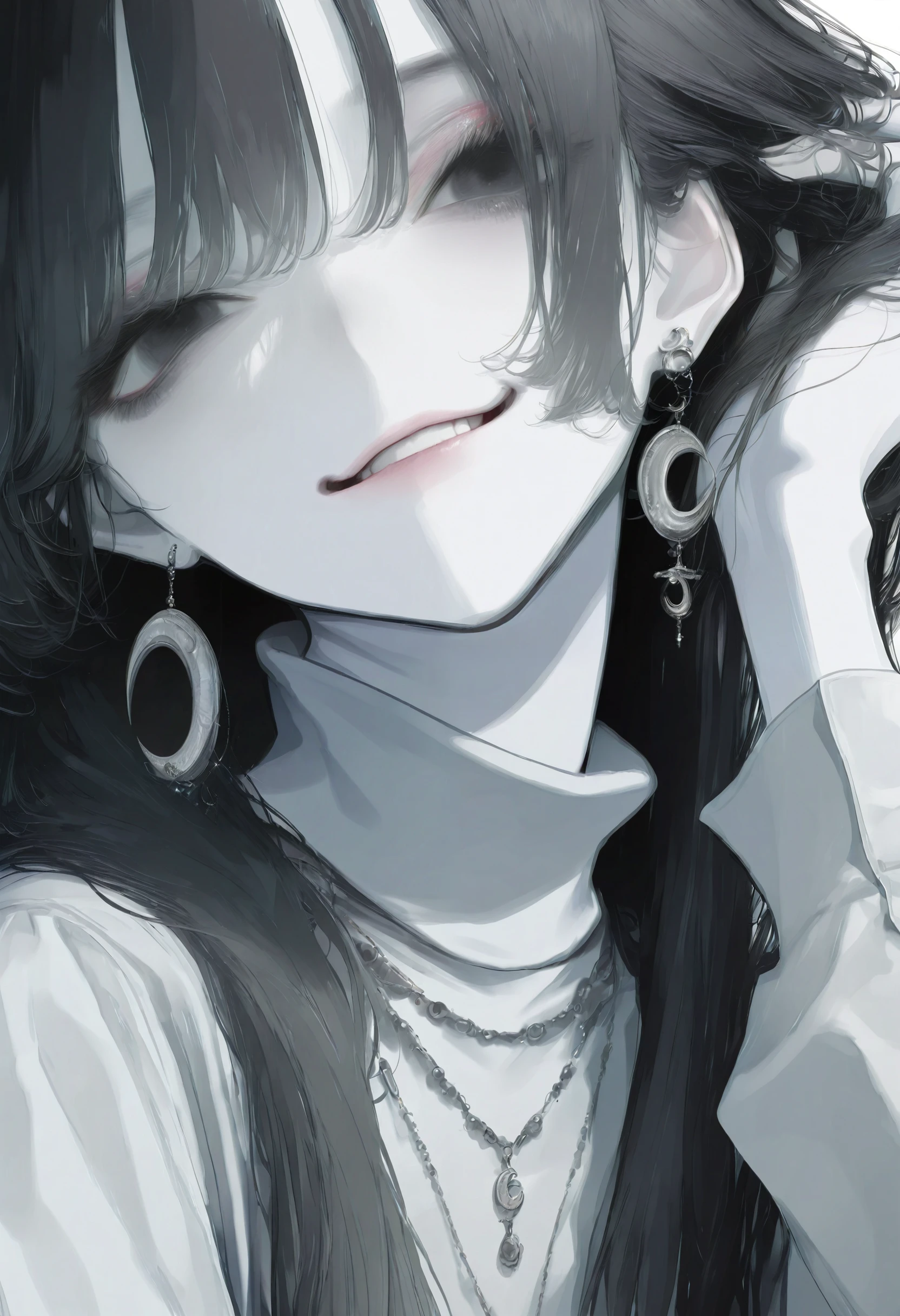 <lora:bmEybWVndV9f-illustriousXL_v01_V5-CAME-000035>, 1girl, solo, earrings, jewelry, black hair, long hair, portrait, head tilt, looking at viewer, smile, grey eyes, hand on own head, white background, parted lips, shirt, hand in own hair, necklace, makeup, crescent earrings, single earring, white shirt, turtleneck, teeth, black eyes, pale skin