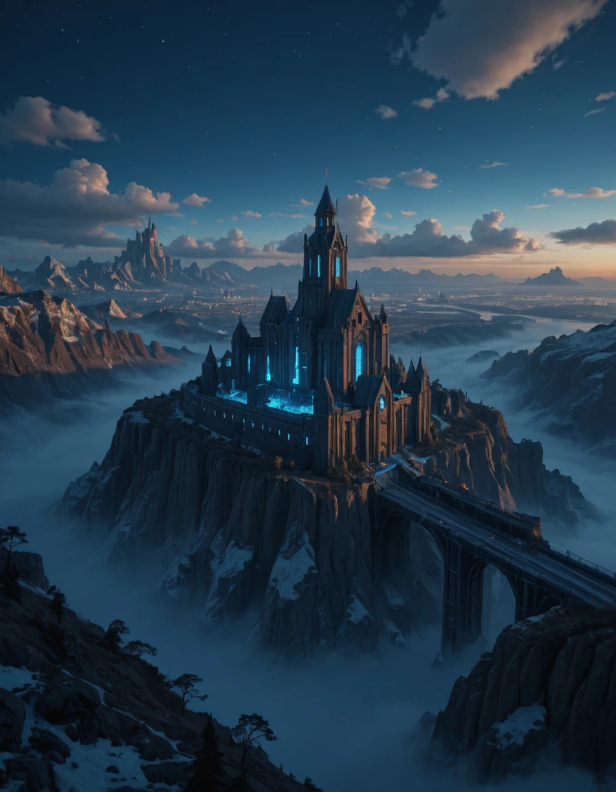 <lora:SWM-TY03ill:1> fortified church, outside, blue sea, on top of a rocky mountain, vegetation, scenery, valley, in height, beach, cyberpunk city, highway, fortified castle, transparent blue sea, scenery, rocks, underwater rocks, blue sky, clouds, rough sea, multi levels, ice walls, snow mountains, blue iced rocks, trees, cyberpunk cityscape, design buildings, in space, above clouds,