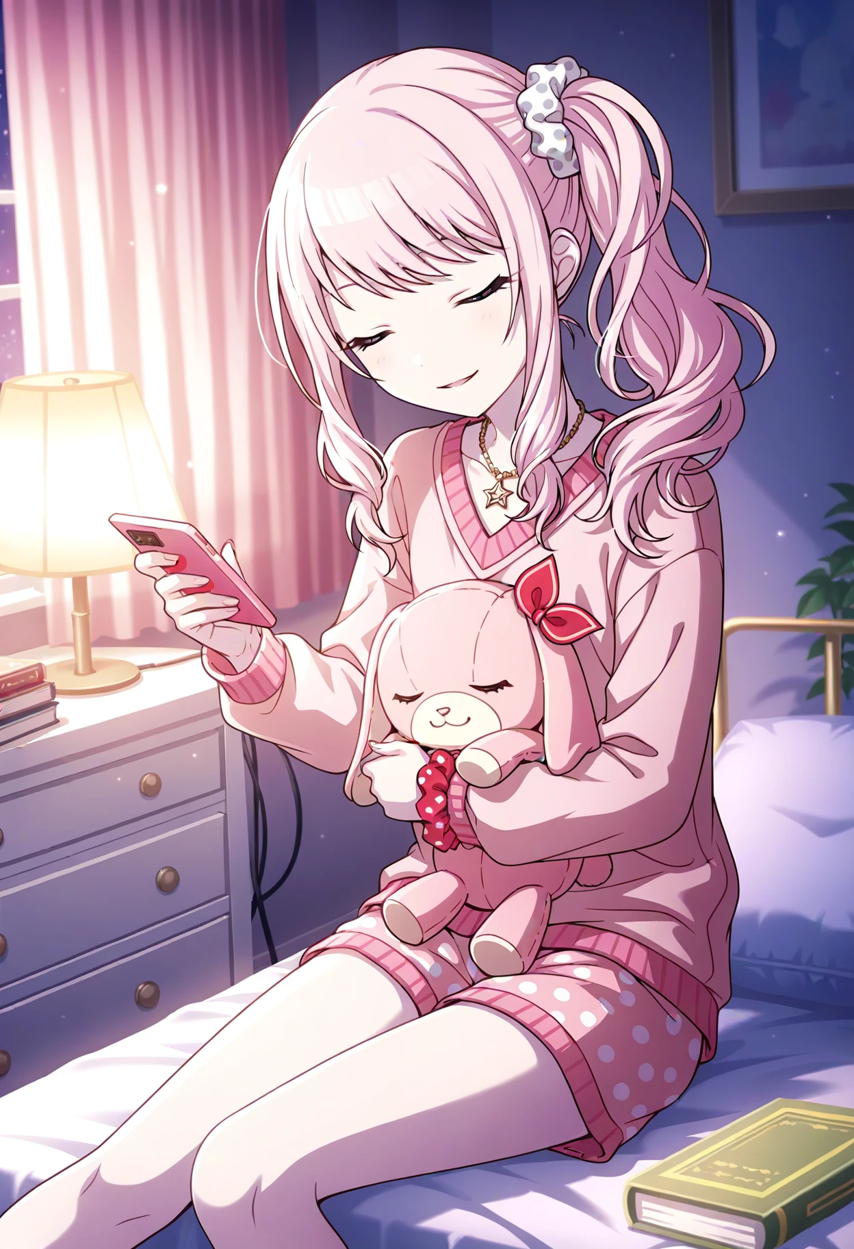 akiyama mizuki,project sekai,colorful palette,1other,pink pajamas,shade,closed eyes,window,on bed,depth of field,hair ornament,holding phone,holding,cellphone,book stack,fingernails,pink sweater,curtains,plant,phone,sitting,long hair,hair bow,long sleeves,striped ribbon,messy hair,blanket,shadow,polka dot scrunchie,white bow,stuffed animal,facing viewer,sidelocks,sleeping,bow,smartphone,sweater,v-neck,soshite ima ribbon wo musunde \(project sekai\),bed,polka dot shorts,jewelry,shorts,parted lips,sleepwear,indoors,ribbon,red bow,blurry background,bedroom,polka dot,wrist scrunchie,star necklace,drawer,lamp,holding stuffed toy,cable,pink hair,pillow,hair scrunchie,pajamas,scrunchie,blurry,side ponytail,smile,light particles,bedside,pink eyes,necklace,eyebrows hidden by hair,heart-shaped scrunchie,stuffed toy,closed mouth,book,heart,star \(symbol\),desk,white scrunchie,nightstand,colorful festival \(project sekai\),
