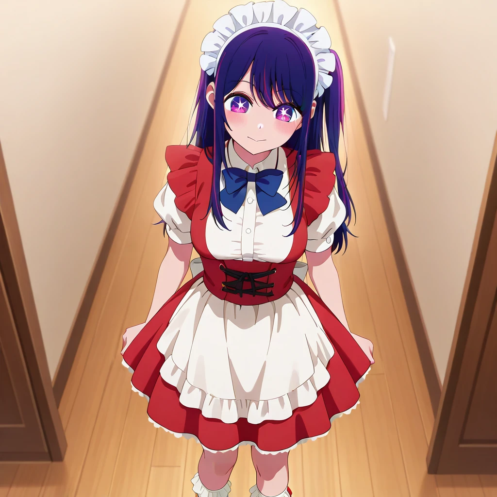 masterpiece, best quality, amazing quality, newest, <lora:ClassicMaidV1.0_illustrious:0.9>,1girl,classicmaid_cos,white shirt,short dress,red dress, maid headdress ,puffy short sleeves,maid ,blue bowtie,apron,frilled socks ,white socks, white footwear,, <lora:ai-hoshino-s1-illustriousxl-lora-nochekaiser:1>,ai hoshino, hoshino ai, long hair, bangs, purple eyes, purple hair, symbol-shaped pupils, mature female, medium breasts, anime screencap,