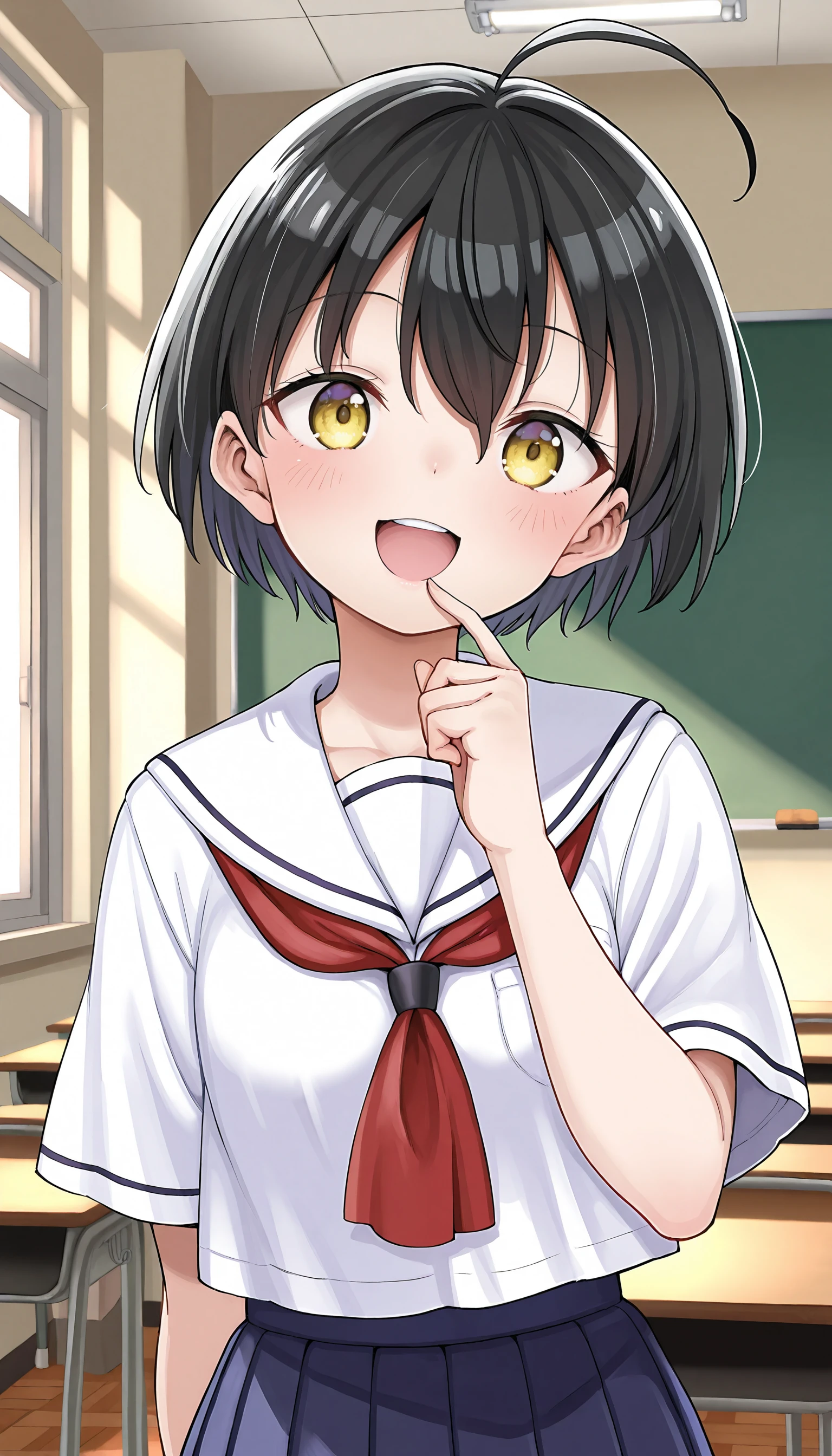 ((ultra-detailed)), ((best quality)), ((beautiful eyes)), ((extremely detailed)), 4K, (8K), best quality, (beautiful), Master piece, highres, best quality, official art, highres, masterpiece, newest,solo, 1girl, ogurisan, yellow eyes, black hair, smile, mouth open, only upper teeth, blush,school uniform, serafuku, short sleeves, white shirt, sailor collar, pleated skirt, blue skirt, red neckerchief, classroom, posing to viewer, indoors, portrait, upper body, portrait lighting,
