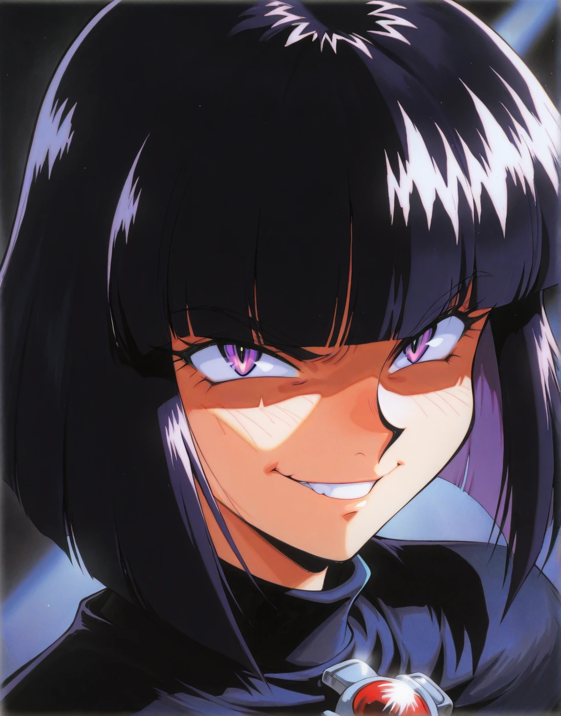 masterwork, masterpiece, highres, absurdres, 8k, uhd, high detailed face, absolutly gorgeous, very aesthetic, high detailed eyes, perfect eyes, dynamic light, dynamic angle, depth of field, <lora:Slayers-Artstyle:1>, sl4y3rs-style, 1boy, solo, short hair, looking at viewer, smile, black hair, purple eyes, blunt bangs, bob cut, grin, portrait, shaded face, close-up, evil smile, traditional media, 1990s (styles), retro artstyle, evil grin, xellos, masterpiece, best quality, amazing quality, masterwork, cinematic light, harsh shadows, light and shadows, perfect composition