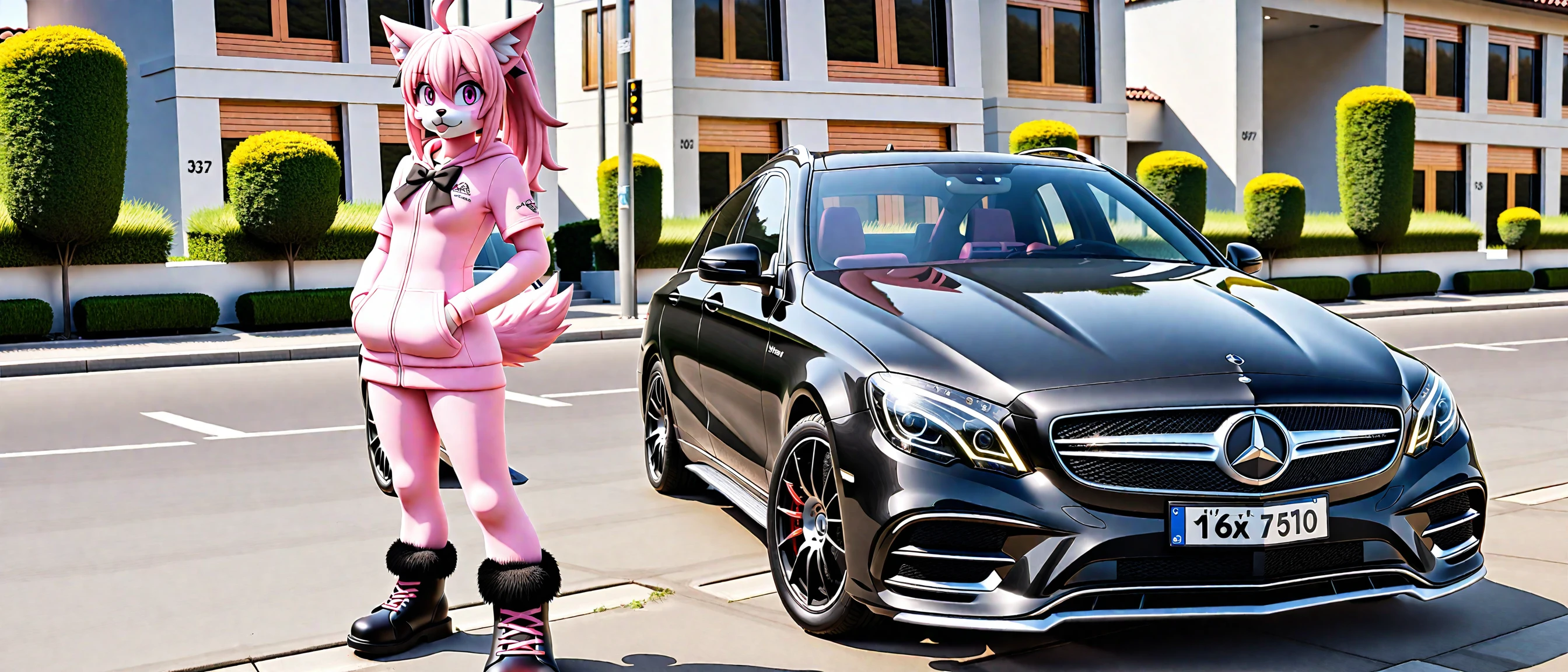 solo, anthro, furry, astolfo, standing in front of a car branded mercedes