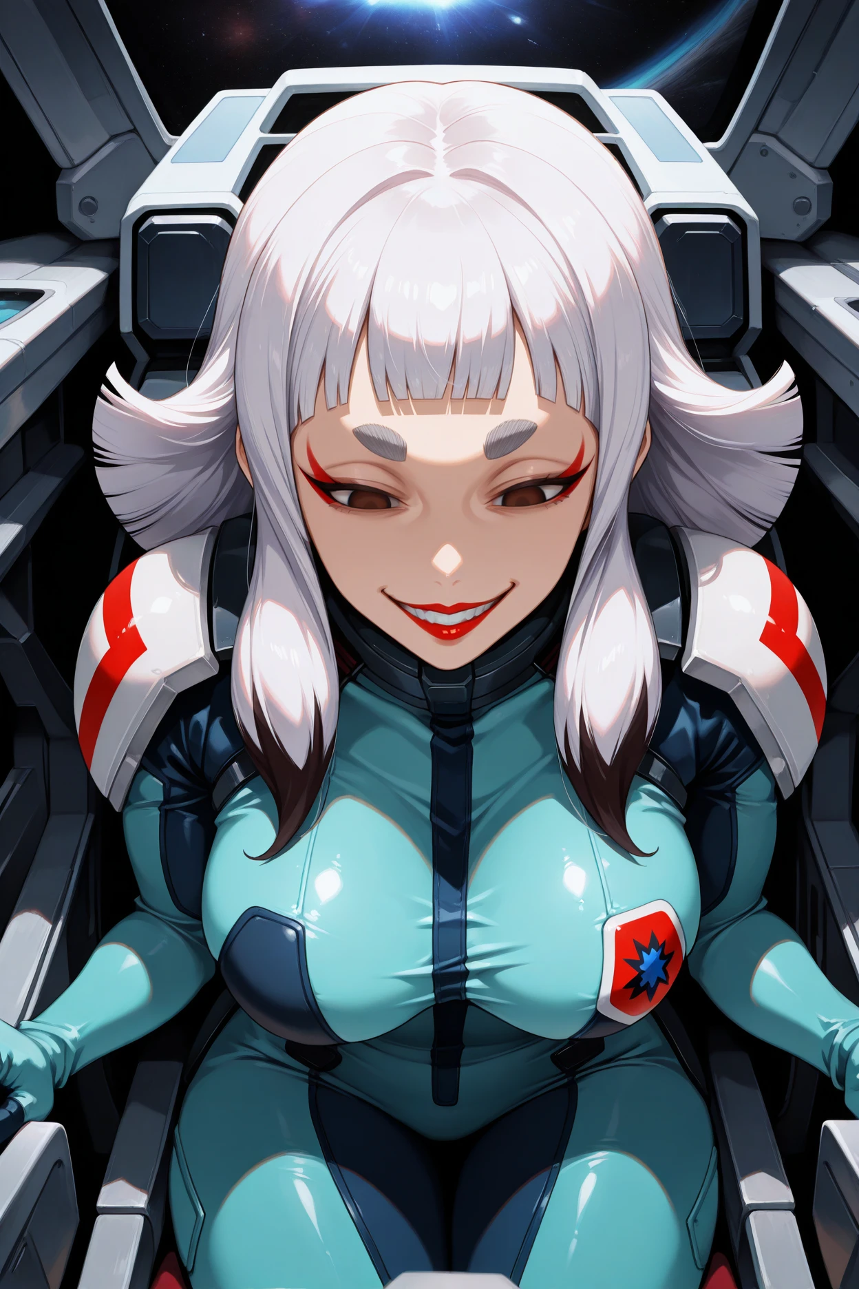 masterpiece, best quality, 1girl, solo,<lora:cartaissue-illu-nvwls-v1-000007:1> carta, medium hair, multicolored hair, white hair, blunt bangs, sidelocks, thick eyebrows, brown eyes, red lipstick, eyeshadow, large breasts, armor, aqua bodysuit, pilot suit, crazy grin, cockpit, sitting, outer space, leaning forward, looking down, empty eyes