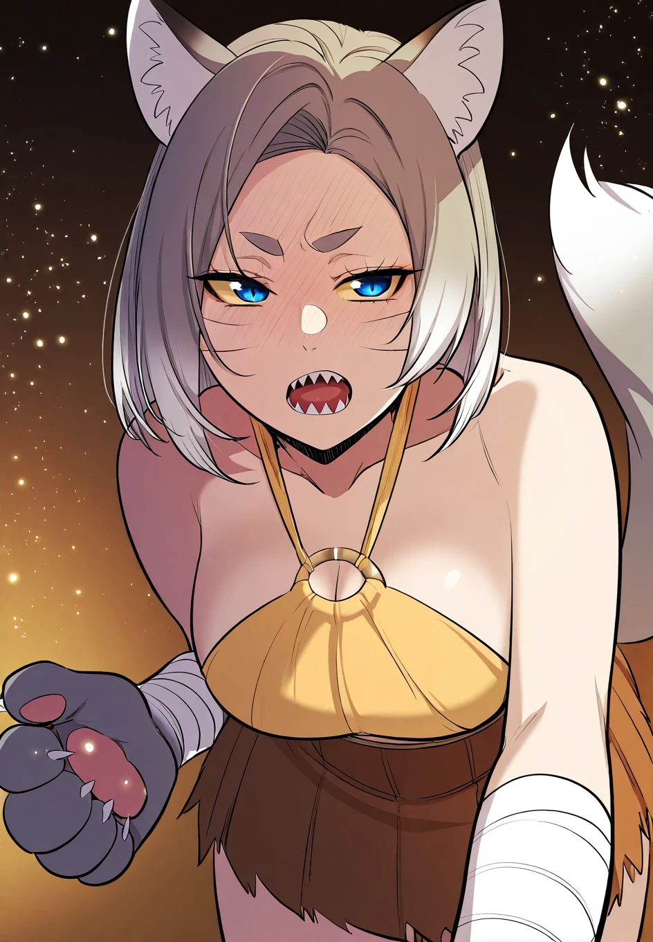 2girls: kitsune,1tail,huge breasts,smiling,drinking,drunk,aroused, lightly tanned skin, white hair, kitsune body tattoos, glowing eyes, suggestive look, horny smile, (best quality:1.2),ultra-detailed,realistic,photorealistic,portraits,vivid colors,warm tone,soft lighting, NSFW, breasts out, nude, sweaty