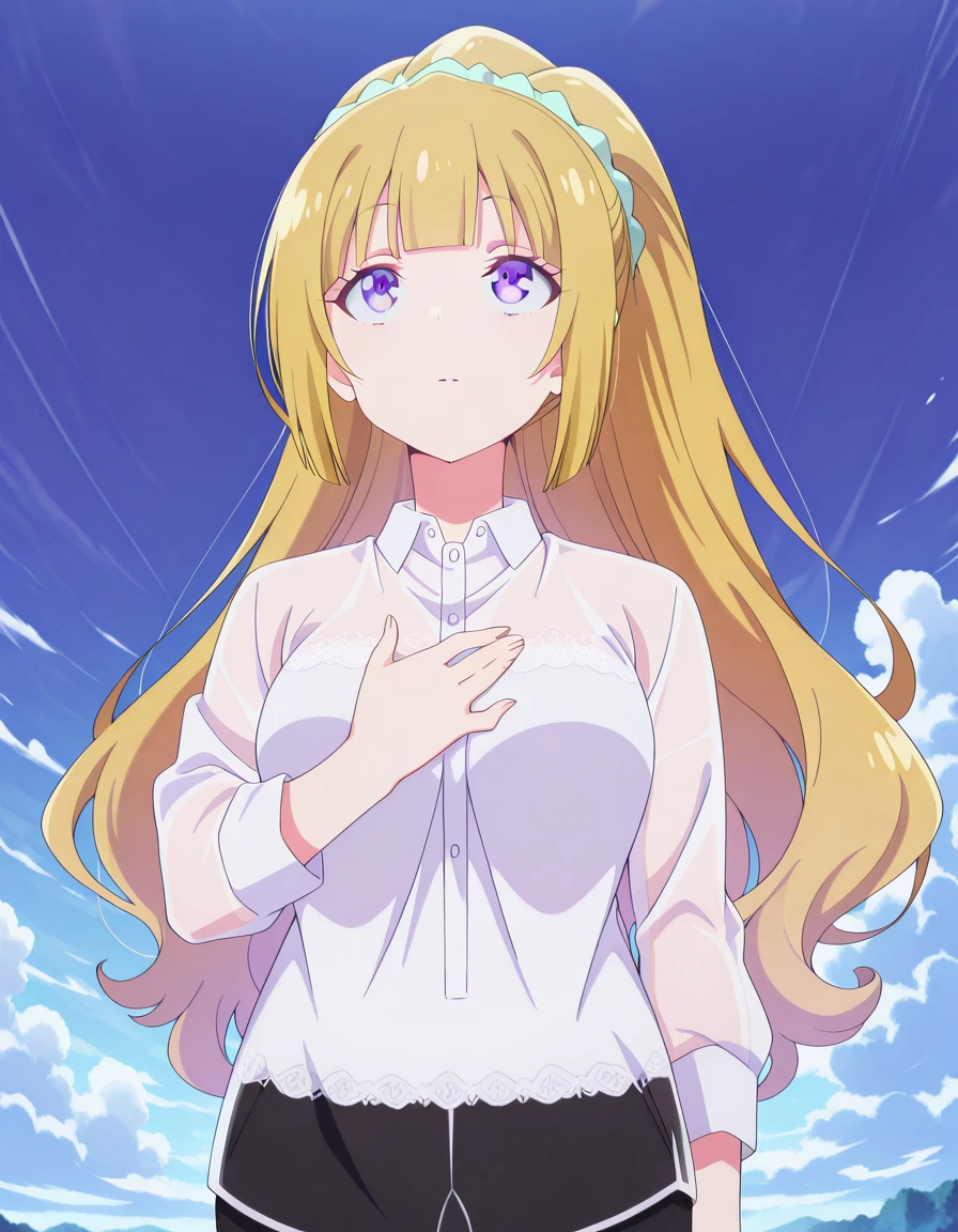 masterpiece, best quality, amazing quality,, <lora:kei-karuizawa-s2-v2-illustriousxl-lora-nochekaiser:1>, kei karuizawa, long hair, bangs, blunt bangs, purple eyes, blonde hair, hair ornament, ponytail, scrunchie, blue scrunchie, mature female, medium breasts, anime screencap,, <lora:lupang-hinirang-illustriousxl-lora-nochekaiser:1>, lupang hinirang, solo, looking up, expressionless, closed mouth, hand up, hand on own chest, clouds, blue sky, outdoors, upper body, <lora:barong-tagalog-illustriousxl-lora-nochekaiser:1>, barong tagalog, shirt, long sleeves, standing, white shirt, cowboy shot, parted lips, collared shirt, pants, black pants, see-through shirt, ,