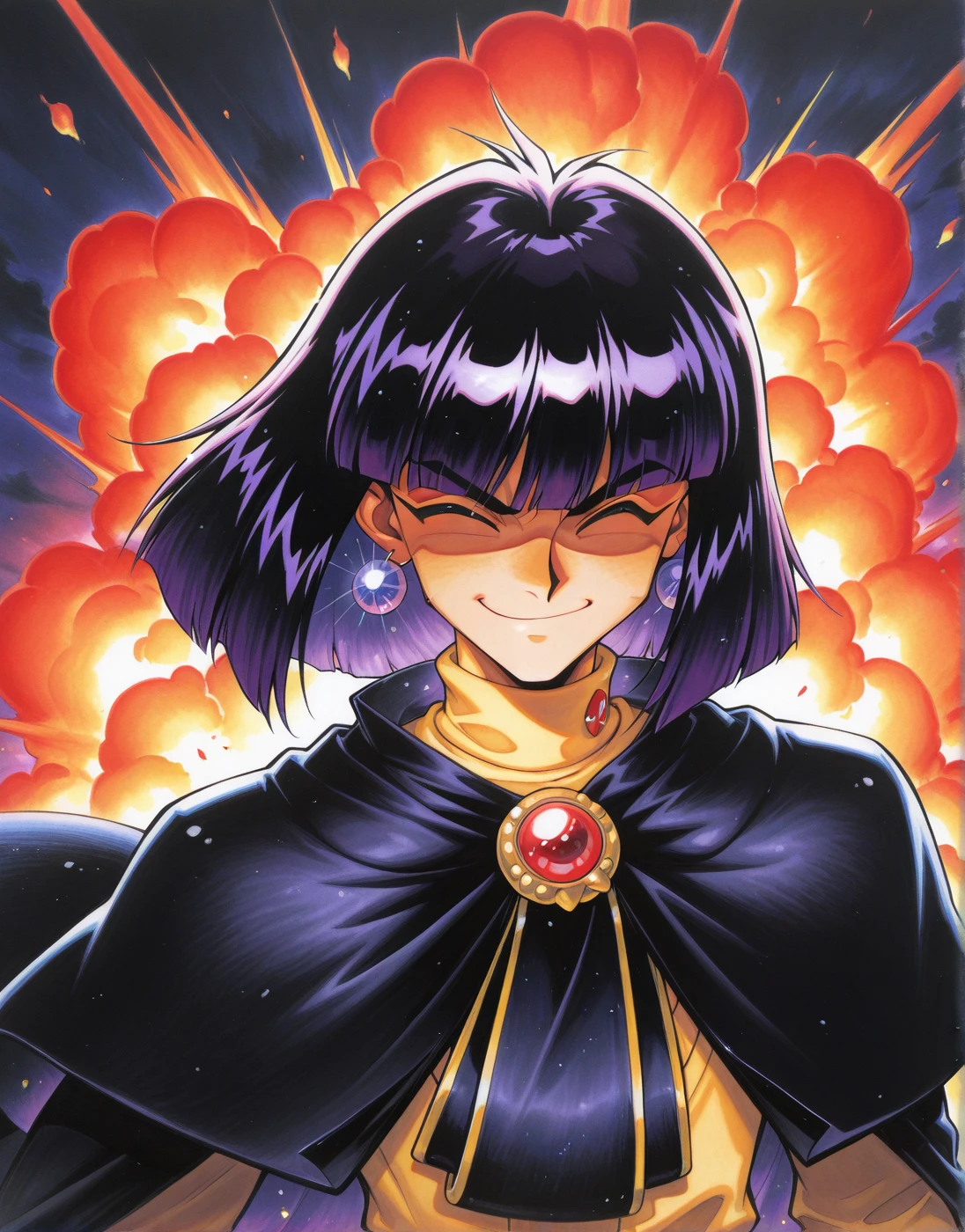 masterwork, masterpiece, highres, absurdres, 8k, uhd, high detailed face, absolutly gorgeous, very aesthetic, high detailed eyes, perfect eyes, dynamic light, dynamic angle, depth of field, <lora:Slayers-Artstyle:1>, sl4y3rs-style, closed eyes, ^ ^, v-shaped eyebrows, solo, jewelry, fire, earrings, 1boy, purple hair, short hair, flame, closed mouth, long sleeves, upper body, bangs, dress, gem, smile, cloud, high collar, black hair, brooch, black cape, yellow shirt, bob cut, explosion background, male focus, traditional media, shaded face, one eye open, evil smile, evil grin, 1990s (styles), retro artstyle, xellos, masterpiece, best quality, amazing quality, masterwork, cinematic light, harsh shadows, light and shadows, perfect composition