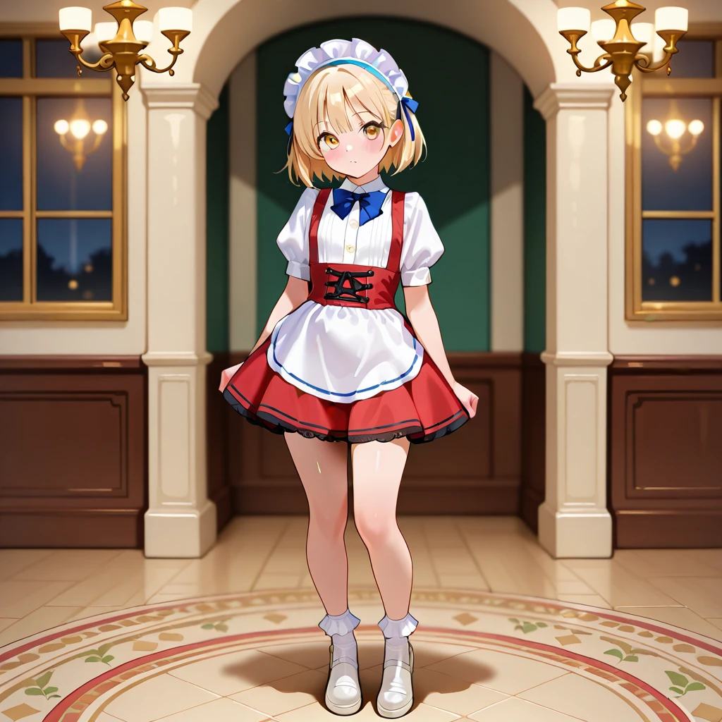 An environment with glass windows and chandelier lighting, masterpiece, best quality, amazing quality, newest, <lora:ClassicMaidV1.0_illustrious:0.9>,1girl,classicmaid_cos,white shirt,short dress,red dress, maid headdress ,puffy short sleeves,maid ,blue bowtie,apron,frilled socks ,white socks, white footwear,, <lora:Alice98.ver2.IL:1>,alice98def,short hair,blonde hair,blue hairband,hair ribbon,yellow eyes,