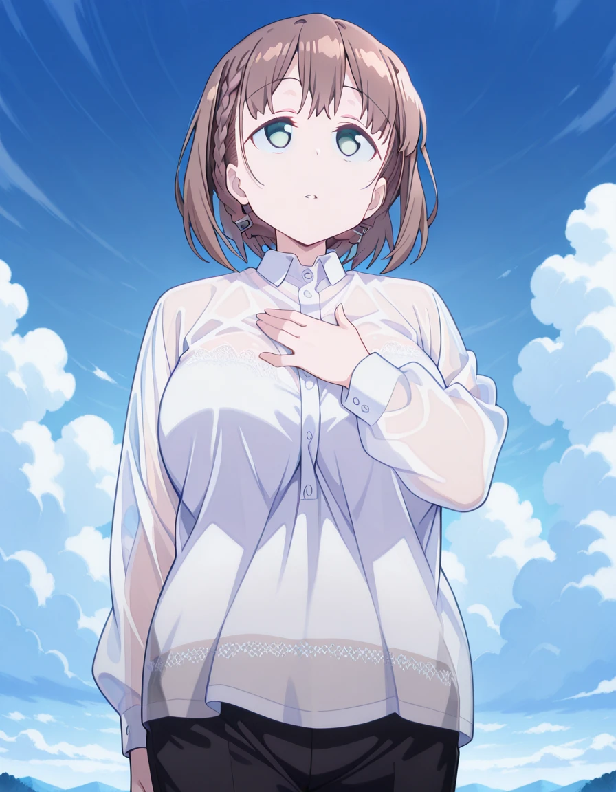 masterpiece, best quality, amazing quality,, <lora:tawawa-ai-s1-illustriousxl-lora-nochekaiser:1>, ai, ai-chan (tawawa), short hair, brown hair, green eyes, braid, side braid, mature female, breasts, anime screencap,, <lora:lupang-hinirang-illustriousxl-lora-nochekaiser:1>, lupang hinirang, solo, looking up, expressionless, closed mouth, hand up, hand on own chest, clouds, blue sky, outdoors, upper body, <lora:barong-tagalog-illustriousxl-lora-nochekaiser:1>, barong tagalog, shirt, long sleeves, standing, white shirt, cowboy shot, parted lips, collared shirt, pants, black pants, see-through shirt, ,