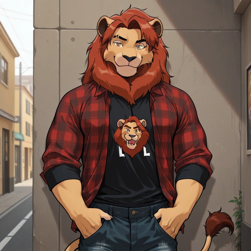 masterpiece, best quality, amazing quality, solo, upper body, lion, lion boy, lion ears, lion tail, furry, male, bara, yellow_eyes, red haired, two bangs, eyebrow cut, male focus, muscular, eyebrow cut, red flannel shirt, black shirt, black ragged jeans, urban clothes and style, close up, hand in pocket, relaxed