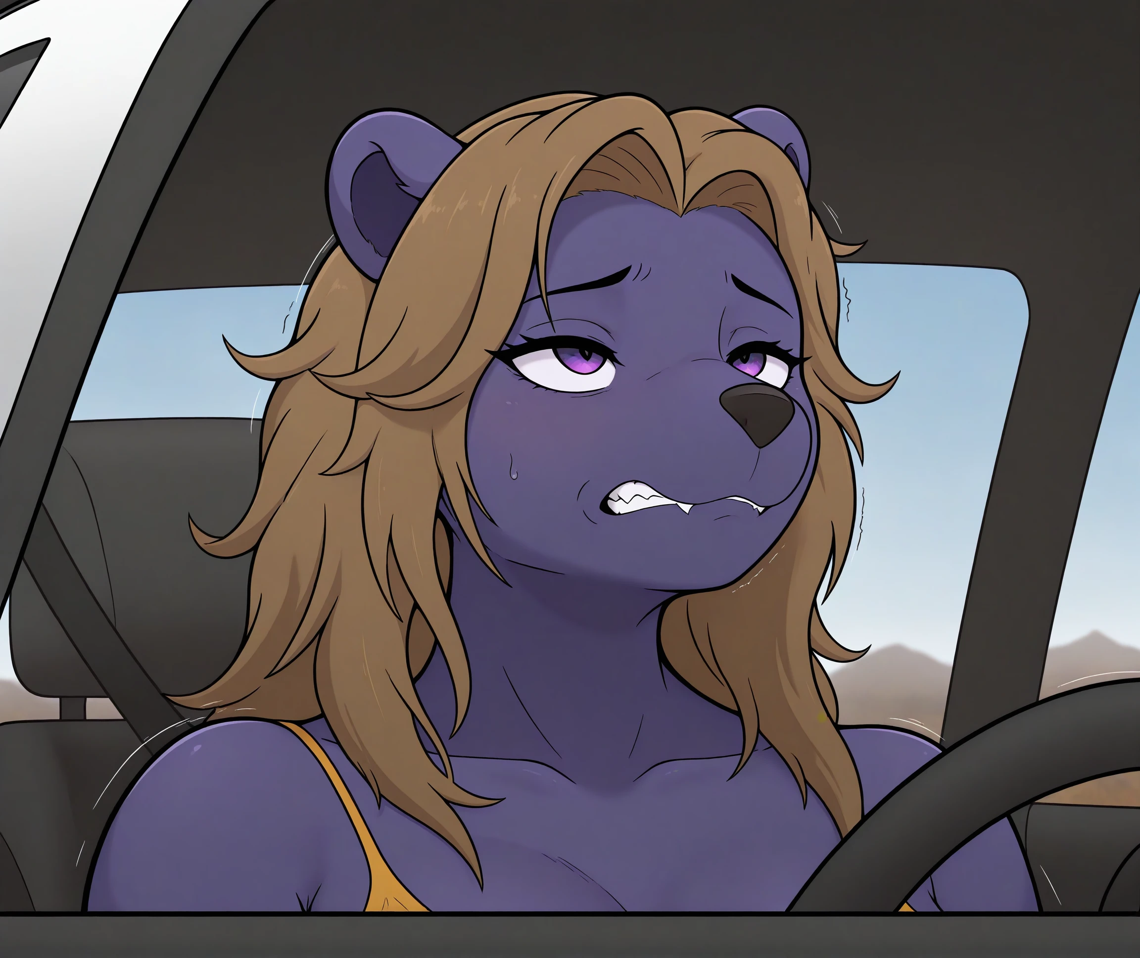 <lora:Pikajota_Style_Illustrious_r1:0.7>, pikajota, by pikajota, masterpiece, best quality, 2024, 2023, hi res, grizzly bear, ursine, brown hair, purple eyes, purple body, in a car, bust portrait, nervous, twitching, biting nails, shifting eyes, lounging, clothed, clothing