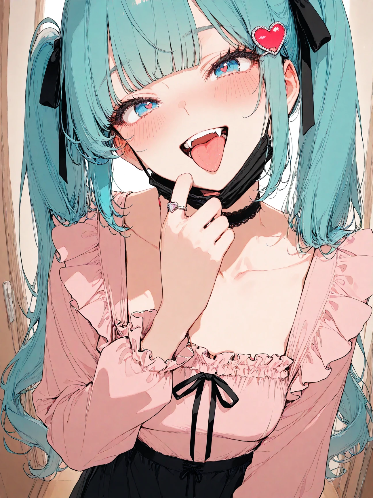 masterpiece, best quality, top quality, good quality, newest, highres, absurdres,
BREAK
very awa, absolutely eye-catching, illustration, CG,
BREAK
perfect composition, eye reflection, eyelashes, (gradient eyes:1),
BREAK
1girl, ring, solo, hatsune miku, mouth mask, mask, twintails, jewelry, tongue, mask pull, , pink shirt, shirt, heart hair ornament, looking at viewer, blush, long hair, skirt, heart, ribbon, open mouth, tongue out, long sleeves, fangs, hair ornament, black skirt, holding, choker, black ribbon, frills, aqua hair, bangs, smile, hair ribbon, blue eyes, collarbone, frilled shirt, upper body, v, teeth, indoors,