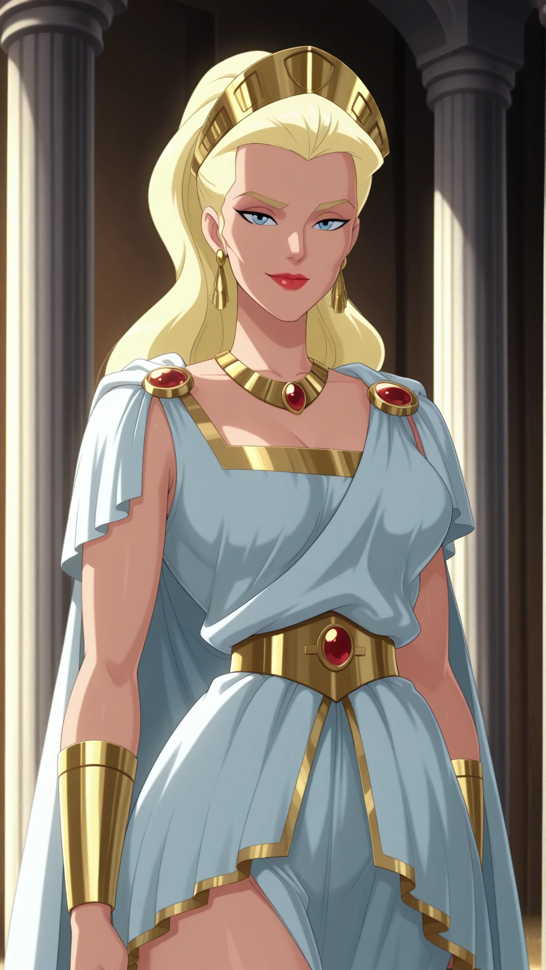 anime coloring, dramatic lighting, intricate details, masterpiece, best quality, absurdres, depth, Hippolyta_XL, jewelry, earrings, necklace, hair pulled back, hair slicked back, crown, cheekbones, high cheekbones, ponytail, 1girl, solo, closed mouth, jewelry, earrings, makeup, lipstick, headdress, pillar, scene reference, column, lipstick, red lips, smile, looking at the viewer, toga, greek clothes, breasts, waist, hips, thich thighs <lora:Hippolyta_XL-05:0.9>
