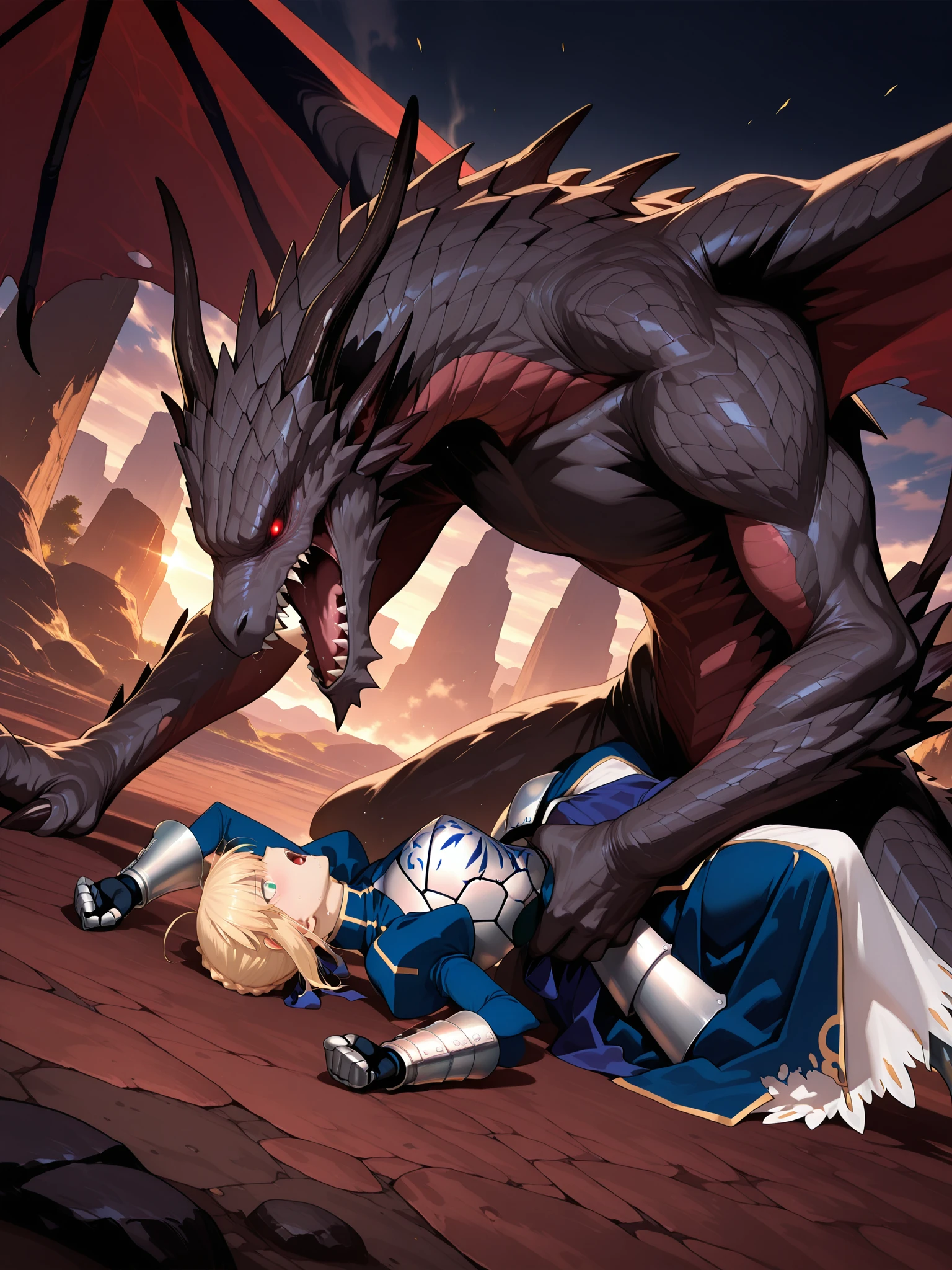 dragon_nsfw,monster,size difference, torso hold, wings, dynamic posing, dutch angle,girl lying on the ground, on back,
1girl, artoria pendragon (fate), saber (fate),blonde hair, large breasts,french braid,painful, torn clothes,open mouth,one-eye closed,
, single hair bun, short hair, sidelocks, turtleneck, blue dress, breastplate, armored dress, long sleeves, juliet sleeve, gauntlets, faulds, long dress,
masterpiece,best quality,amazing quality,ultra detailed, very aesthetic,absurdres,skinny,general,highres, ultra-detailed, amazing quality, newest, scenery,beautiful detailed hair, beautiful detailed eyes, beautiful detailed face, dynamic lighting, super detailed skin,sharp focus,<lora:dragon_nsfw:0.8> <lora:Saber illustxl:0.8>