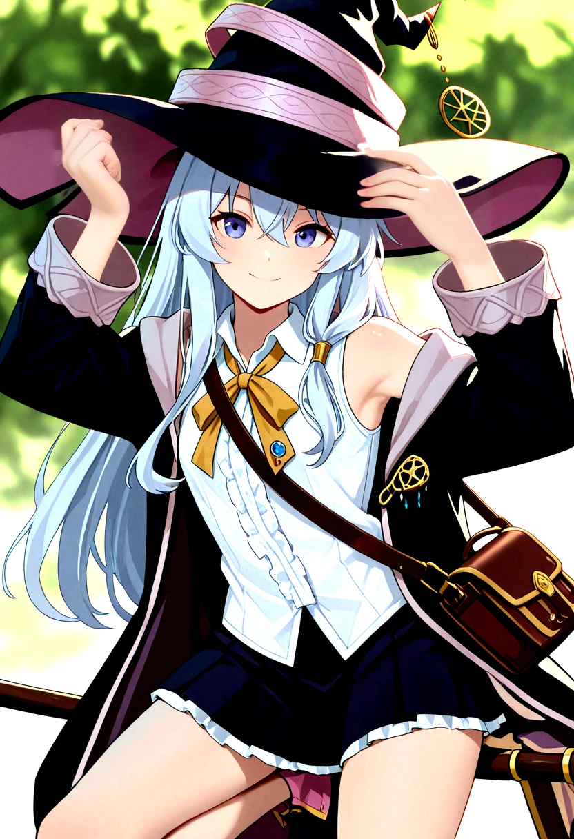 highres,qualityrate1,flat color,masterpiece,soft lighting,best quality,amazing quality,very aesthetic,newest,anime coloring,<lora:elaina majo no tabitabi:0.8>,elaina majo no tabitabi,absurdres,,1girl,absurdres,bag,black coat,black headwear,black skirt,blue eyes,blue hair,broom,broom riding,closed mouth,coat,collared shirt,elaina \(majo no tabitabi\),gar32,hair between eyes,hand on headwear,hat ornament,highres,long hair,long sleeves,looking at viewer,majo no tabitabi,neck ribbon,open clothes,open coat,pleated skirt,ribbon,shirt,shoulder bag,skirt,sleeveless,sleeveless shirt,smile,solo,white shirt,yellow ribbon