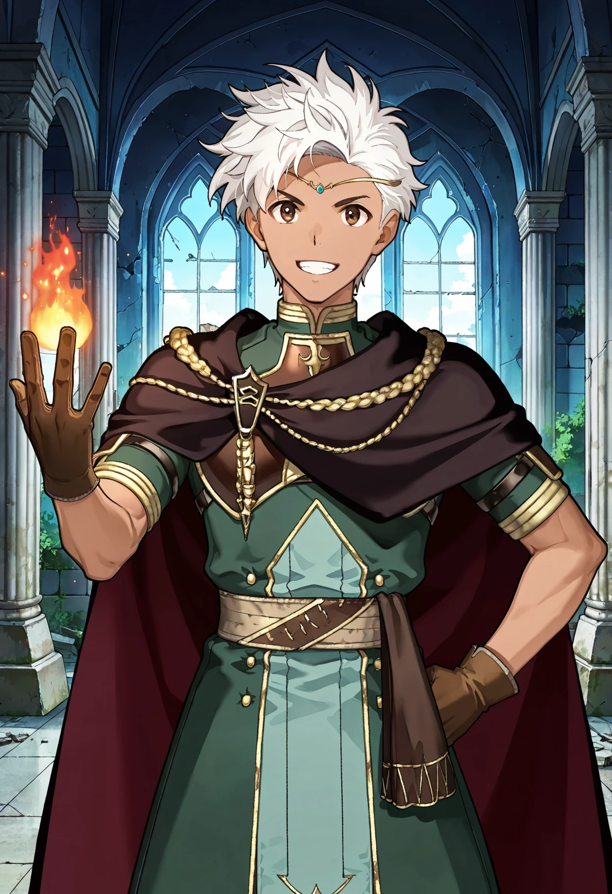 score_9, score_8_up, score_7_up, source_anime, official artstyle, anime screencap, highly detailed,1boy, solo, male focus, perfect composition, good shading, masterpiece, masterwork, best quality, absurdres, hyper-detailed, 8k uhd:1.2, amazing quality, very aesthetic, high resolution, ultra-detailed, newest, official art, 1boy, solo, male focus, indoors, ruins, green mantle, red and black cape, brown leather gloves, right hand on hip, holding left hand up, flame in left hand, grinning, happy,boey,white hair,brown eyes,circlet,dark skin,dark-skinned male