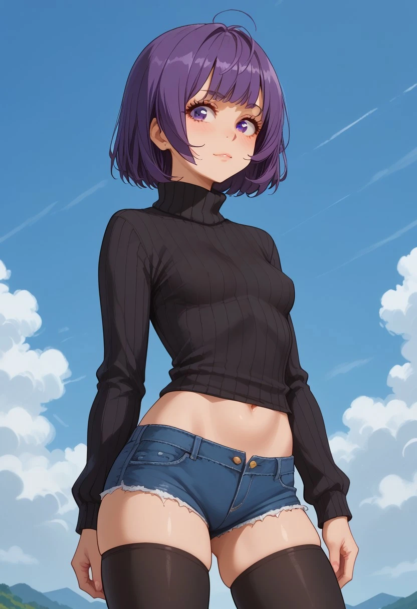 score_9, score_8_up, score_7_up, score_6_up, (1girl ), (solo),
BREAK,
HDA_MasterpieceXL_v.1,
BREAK
1girl: <lora:kasumi kominami-v:2>,kasumi kominami ,small hair,((petite, tiny woman)),purple eyes, purple hair,small breasts
BREAK,
((half body,black turtleneck sweater, short denim shorts, black leggings, )),
BREAK
exterior,sky,clouds,meadow flowers