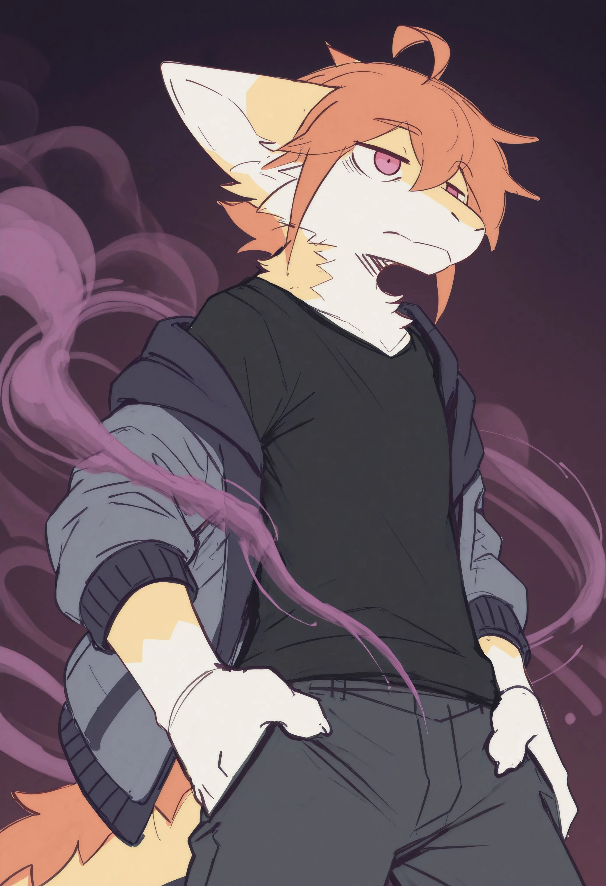 best quality, amazing quality, very aesthetic, absurdres, newest, kuttoyaki, sketch, lines, male focus, furry, furry male, 1boy, solo, ahoge, orange hair, pink eyes, pants, gray open jacket, black shirt, purple smoke, emotionless, aware, !, looking at viewer, dark background, simple background, <lora:Kutto_Kuttoyaki_Illustrious:1>