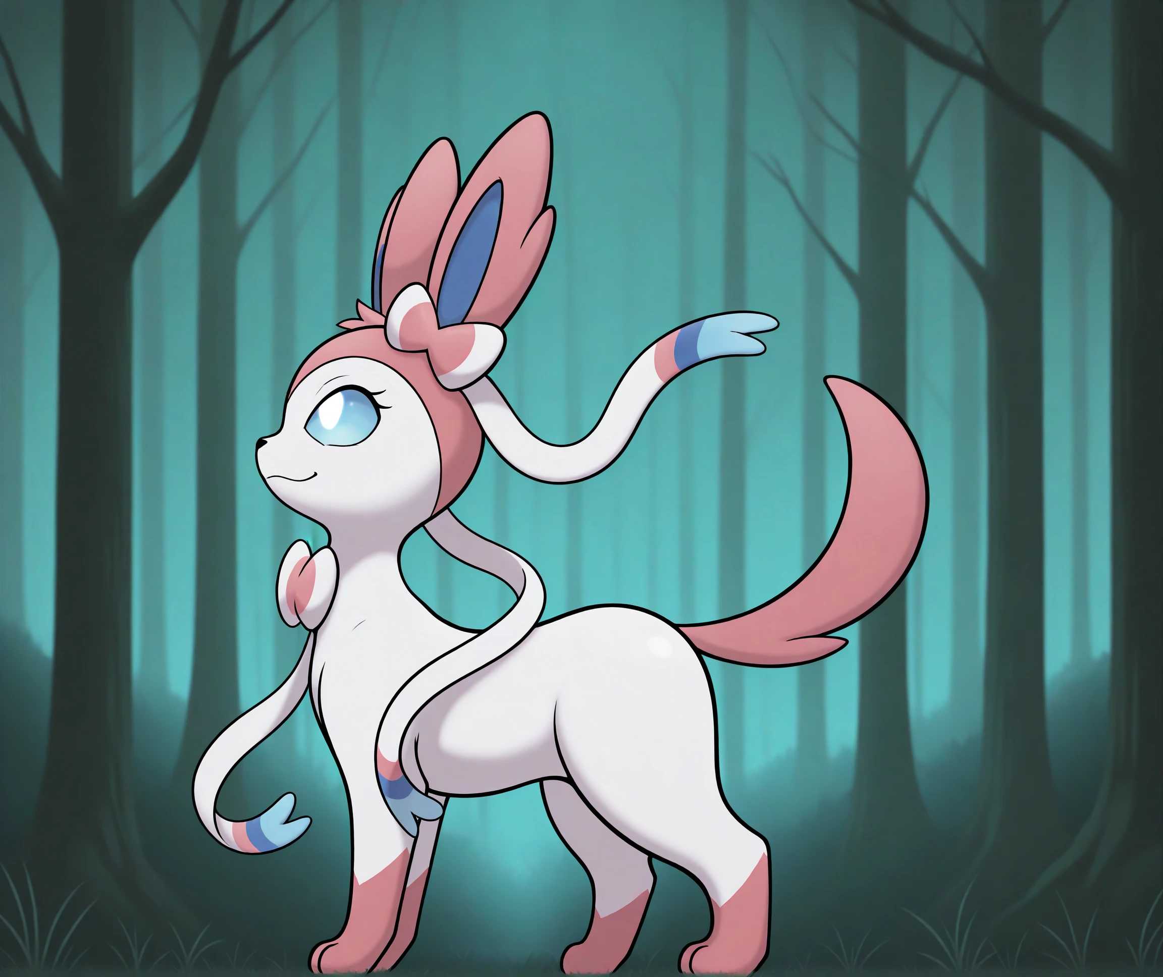 <lora:Pikajota_Style_Illustrious_r1:0.7>, pikajota, by pikajota, masterpiece, best quality, 2024, 2023, hi res, sylveon, anthro, pokemon (species), pokemon, eeveelution, bow ribbon, multicolored hair, ribbons, white body, in a luminous forest, side view, profile view, neutral, blank expression, relaxed face, clothed, clothing