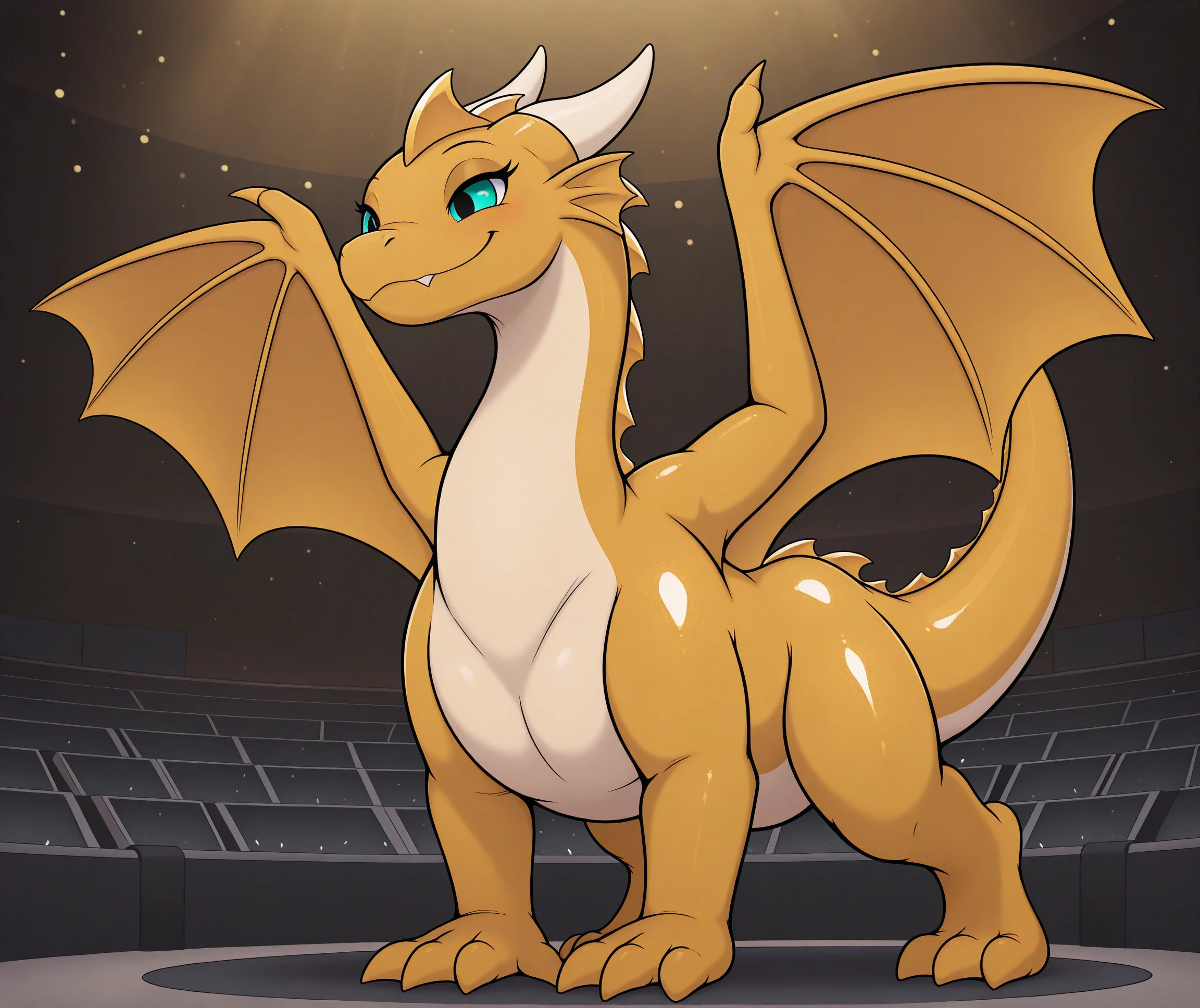 <lora:Pikajota_Style_Illustrious_r1:0.7>, pikajota, by pikajota, masterpiece, best quality, 2024, 2023, hi res, feral, quadrupedal, western dragon, golden hair, turquoise eyes, cream body, in an auditorium, medium shot, happiness, beaming smile, relaxed eyes, joyful energy